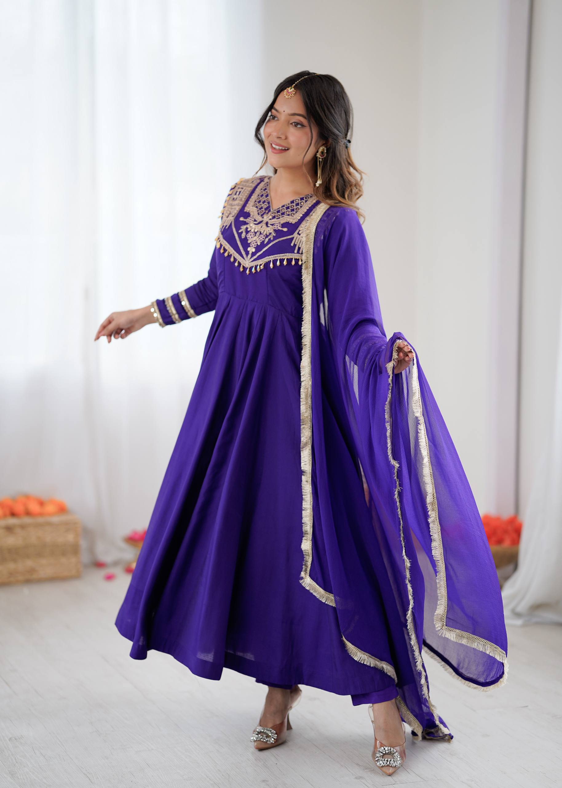 Blue Roman Silk Anarkali Suit with Coding Embroidery