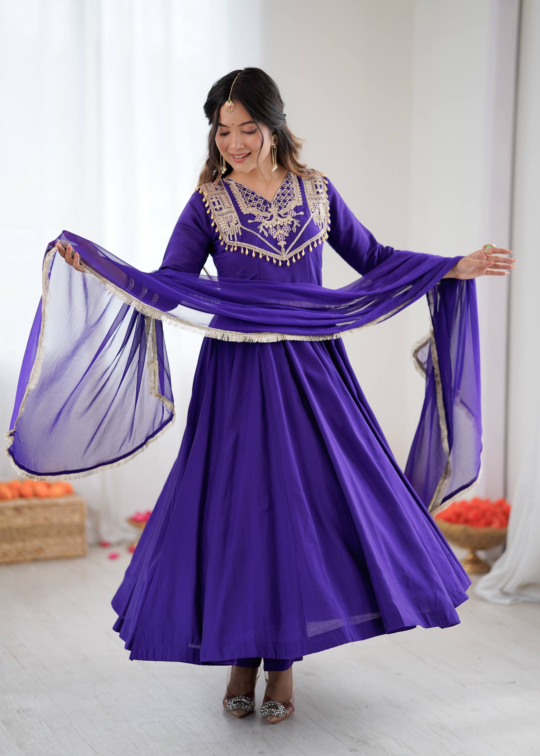 Blue Roman Silk Anarkali Suit with Coding Embroidery