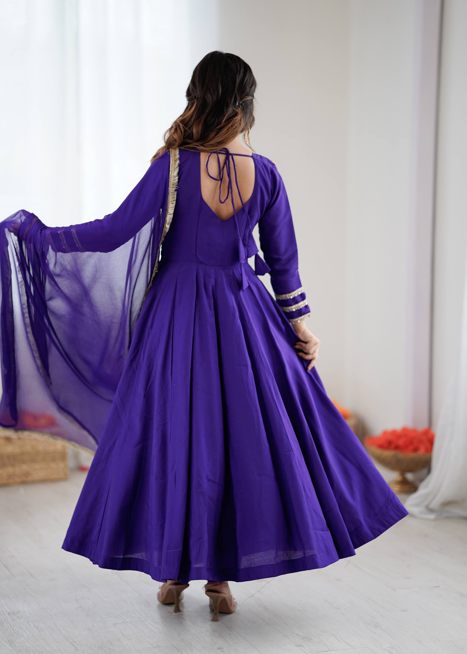 Blue Roman Silk Anarkali Gown with Intricate Coding Work