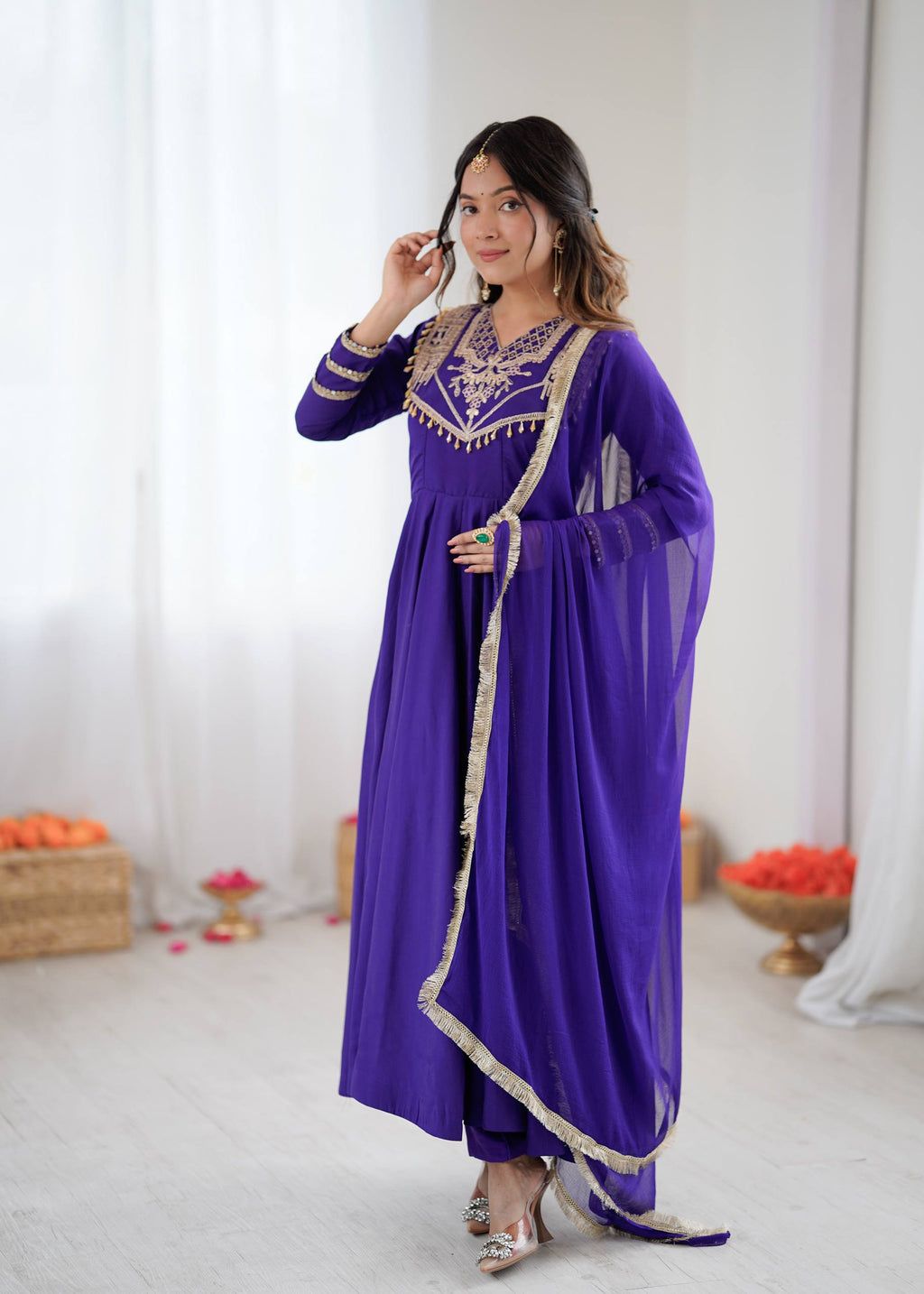 Elegant blue Roman silk Anarkali gown with coding work and full sleeves