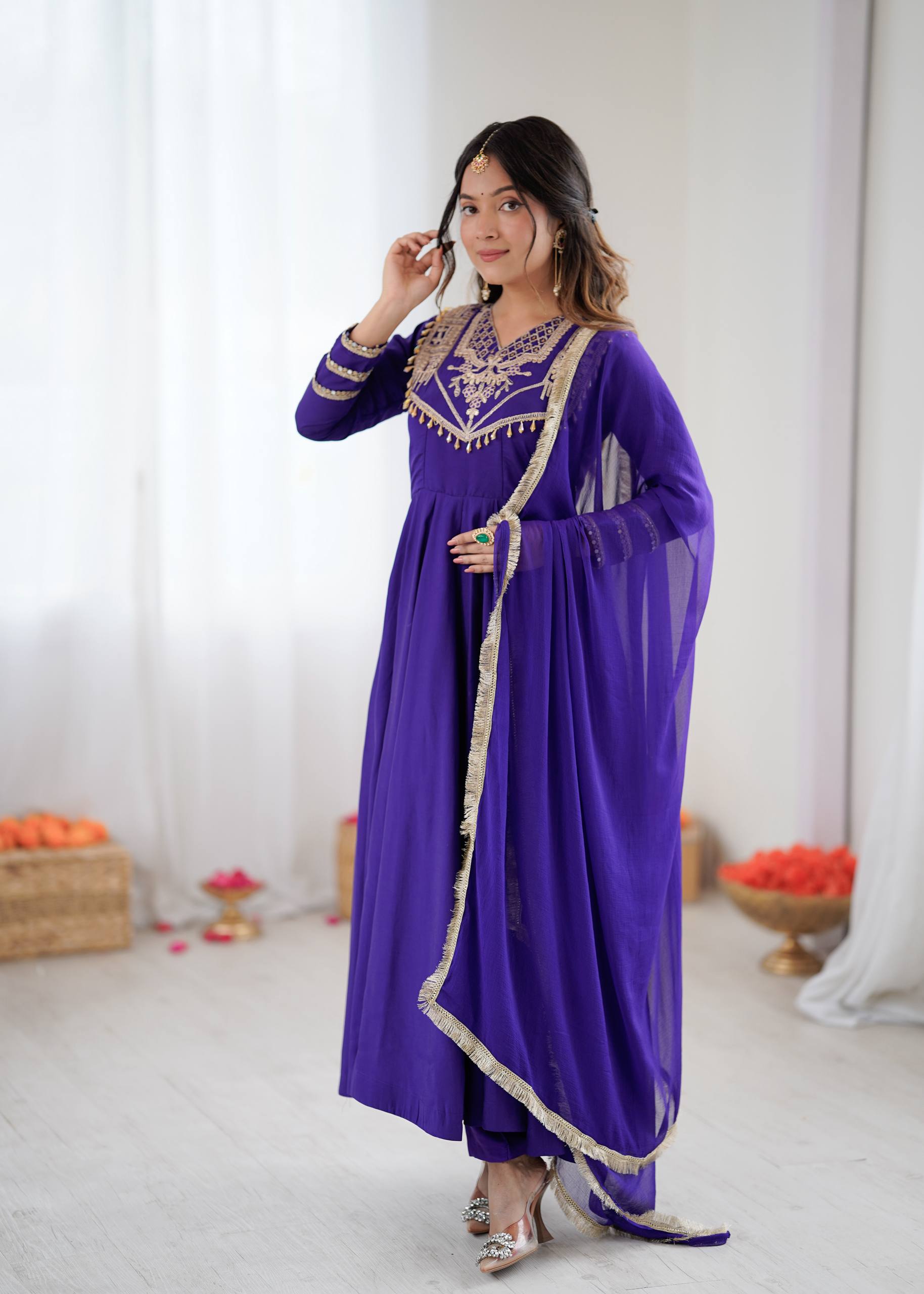 Elegant blue Roman silk Anarkali gown with coding work and full sleeves