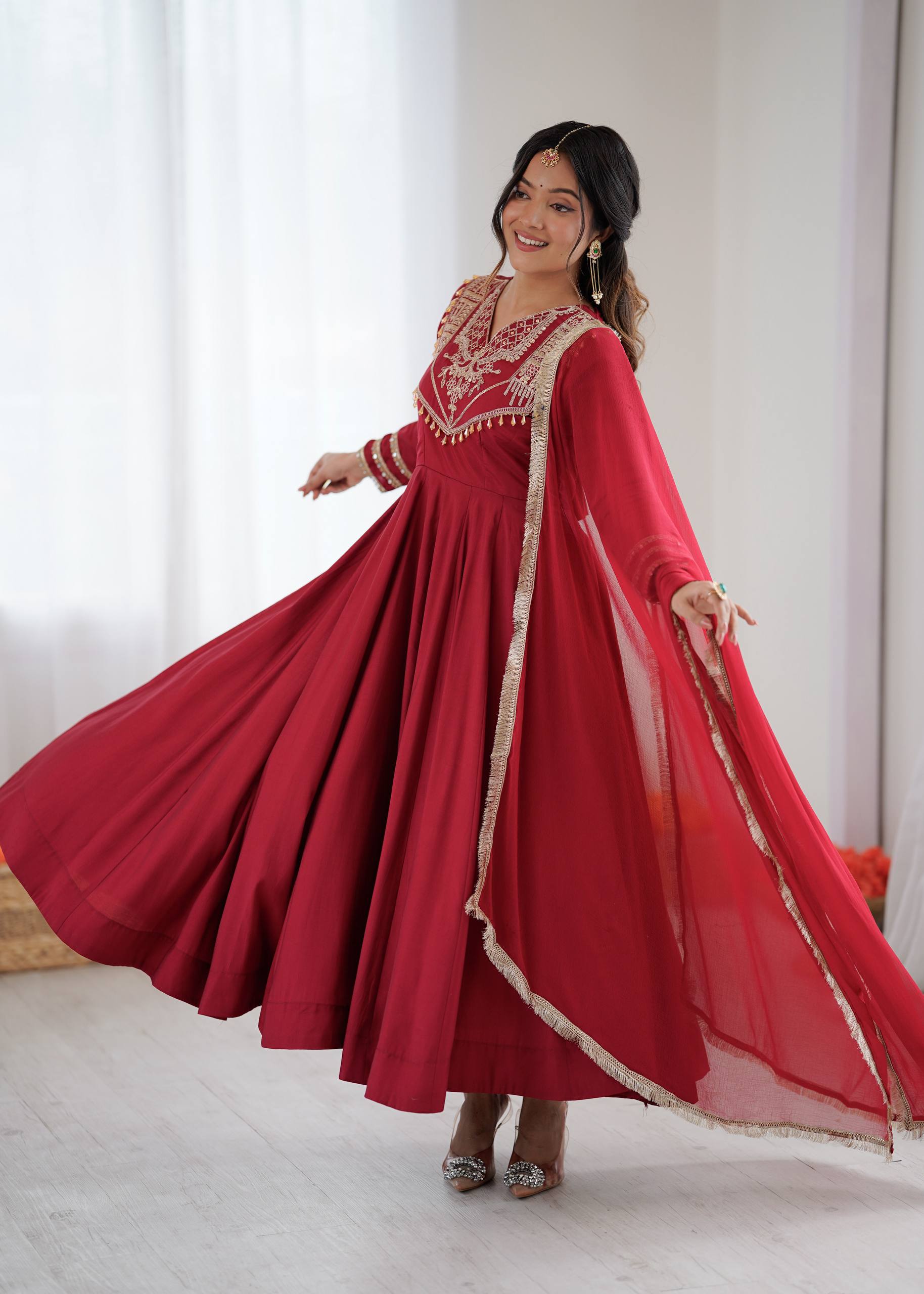 Red Roman Silk Anarkali Suit with Coding Work Details