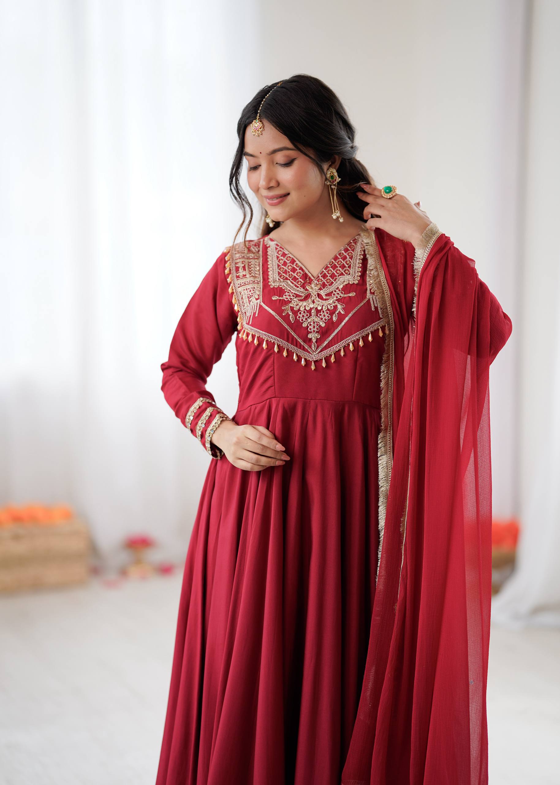 Red Roman Silk Anarkali Suit with Coding Work Details
