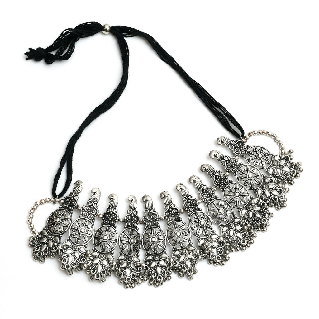 Johar Kamal Oxidised Silver-Plated Brass Temple Choker Necklace Set