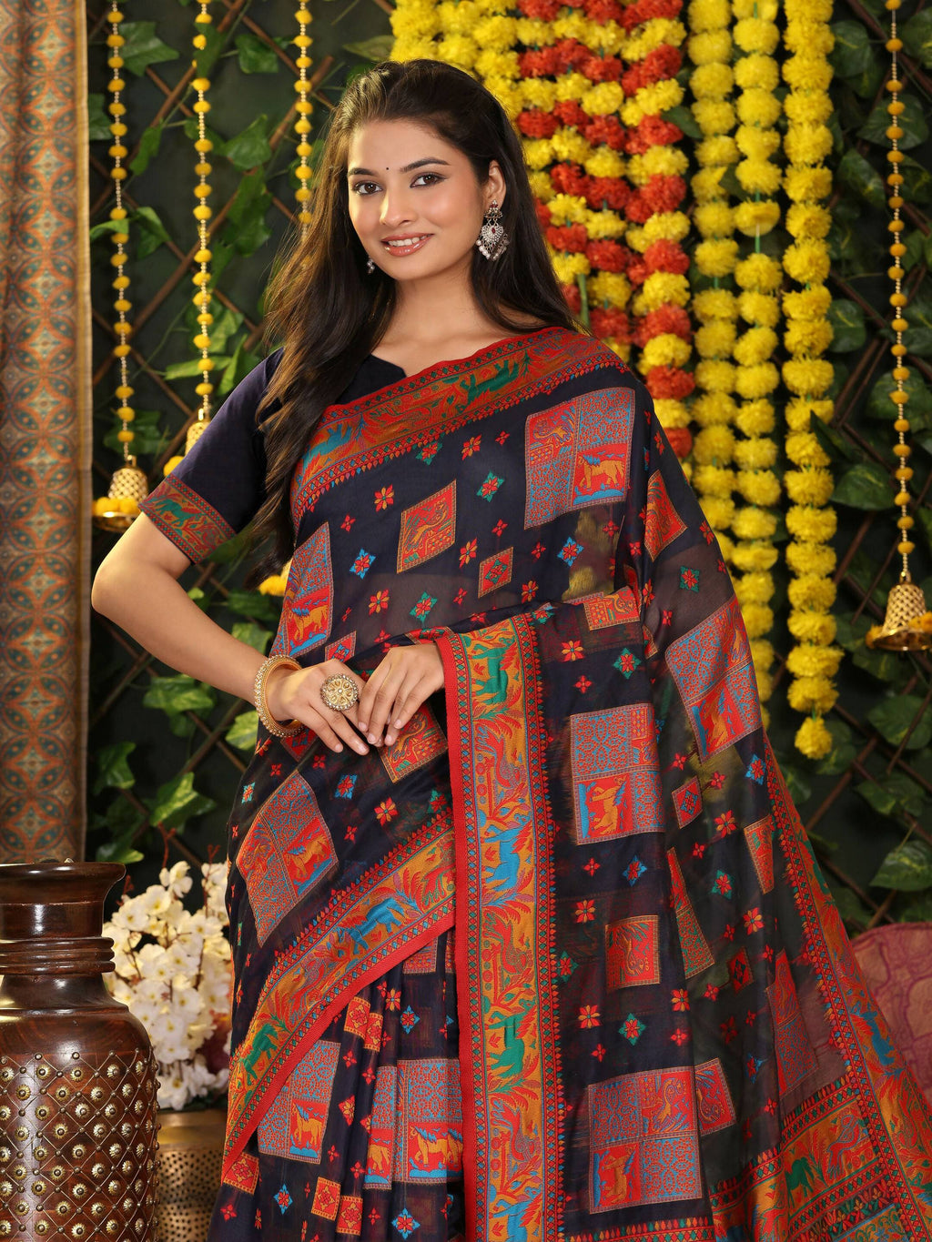 Navy Blue Linen Cotton Saree with Matching Blouse Piece