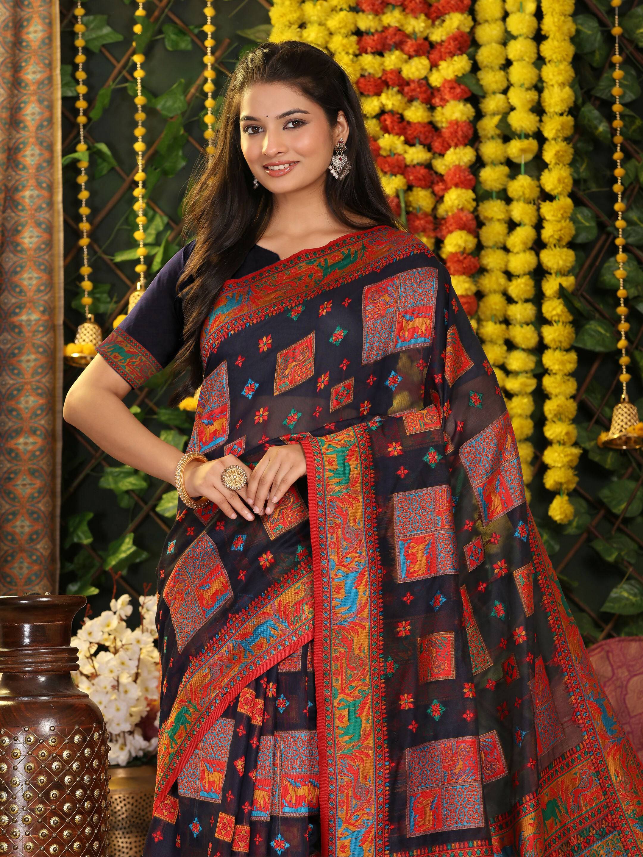 Navy Blue Linen Cotton Saree with Matching Blouse Piece