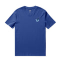 Close-up of a blue sailfish graphic print on a crew neck cotton men's t-shirt.
