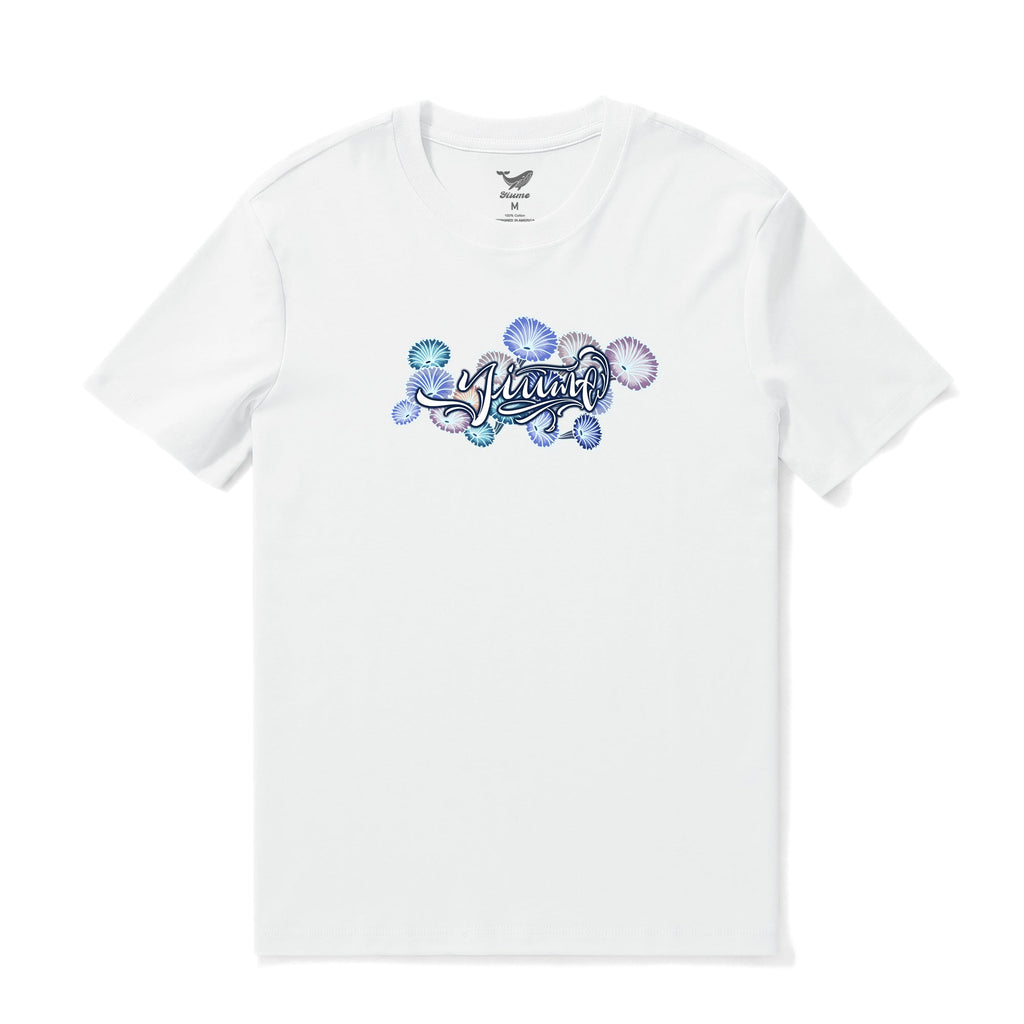 Close up of Azure Allure men's crew neck t-shirt featuring glowing blue botanical leaf print
