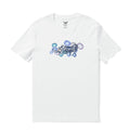 Close up of Azure Allure men's crew neck t-shirt featuring glowing blue botanical leaf print