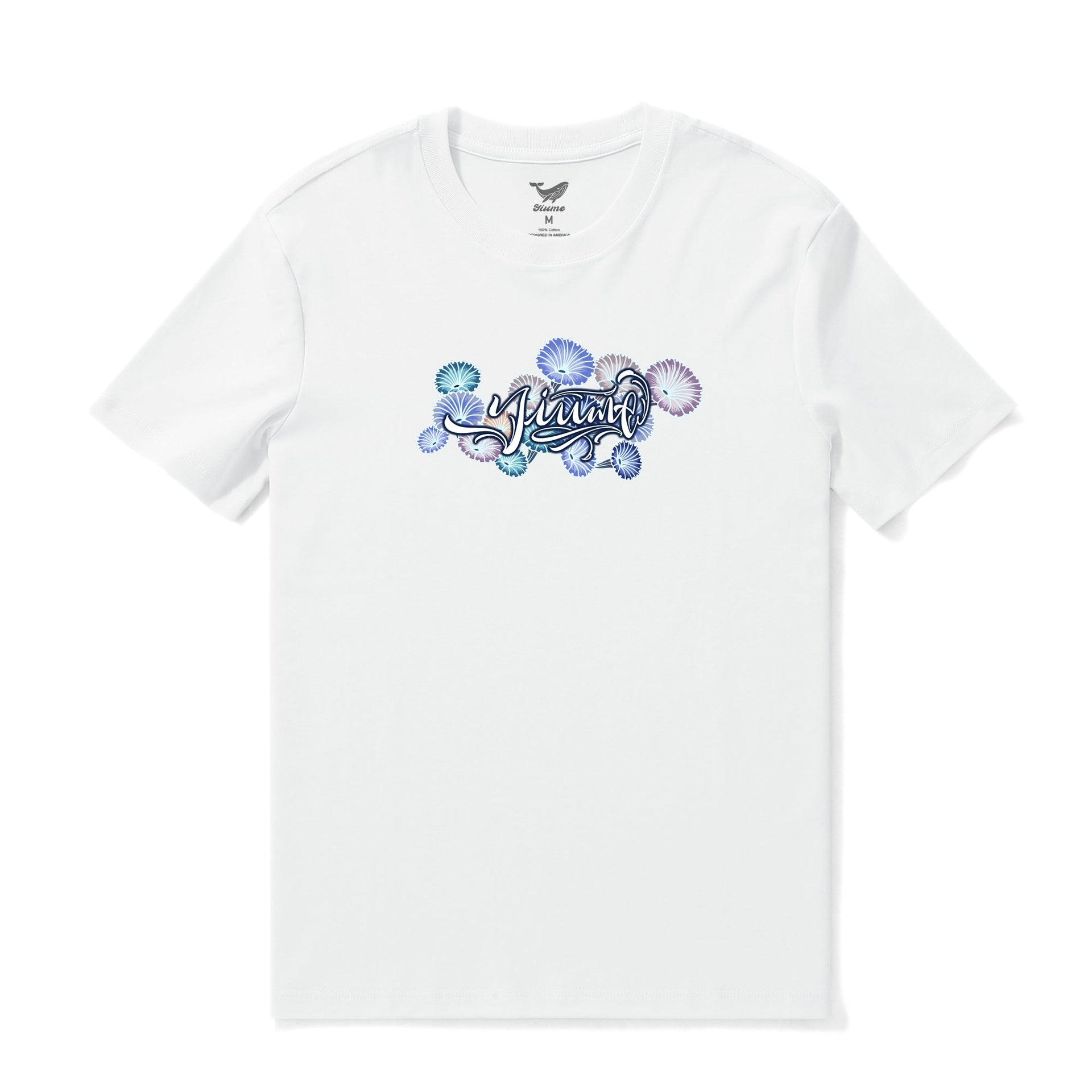 Close up of Azure Allure men's crew neck t-shirt featuring glowing blue botanical leaf print
