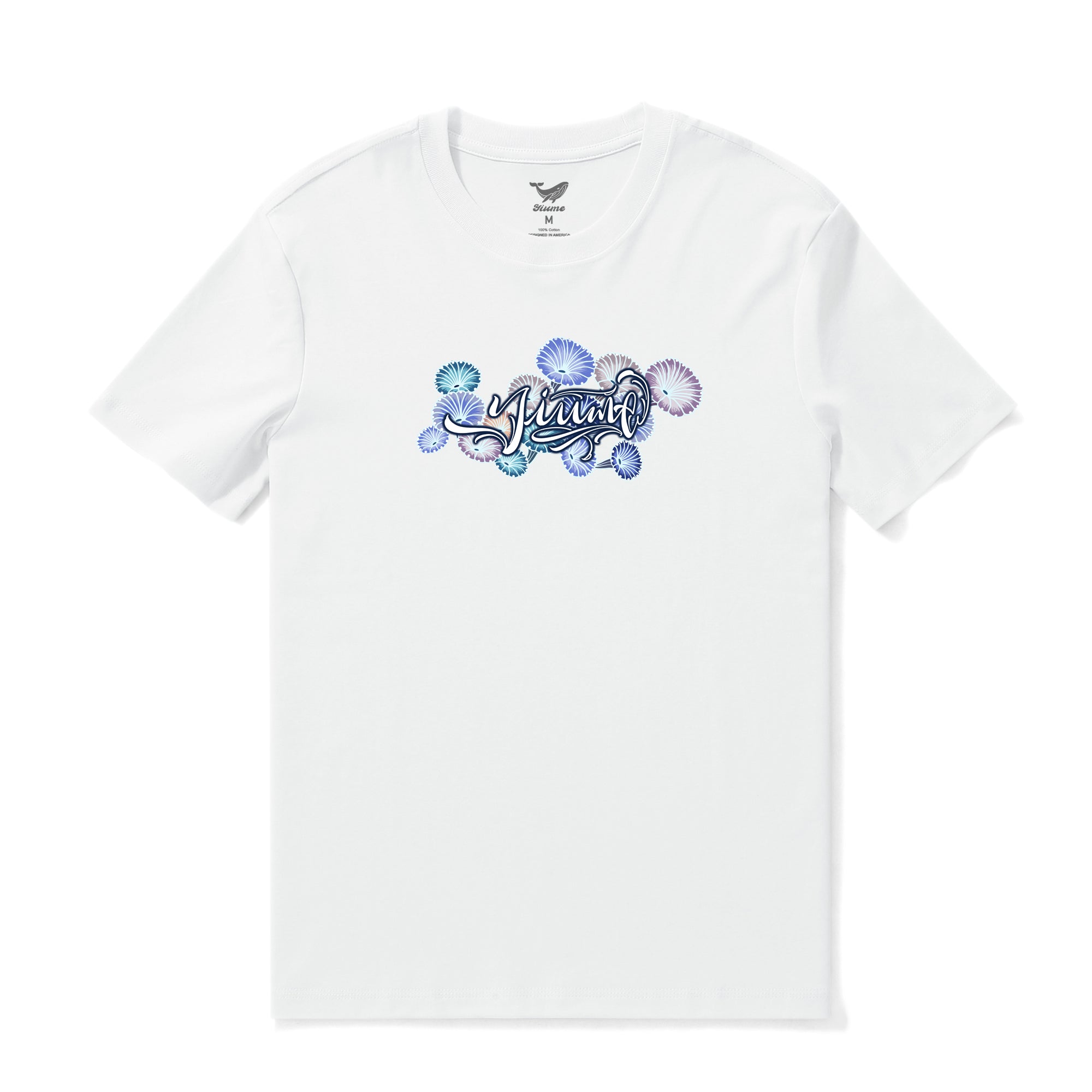 Close up of Azure Allure men's crew neck t-shirt featuring glowing blue botanical leaf print