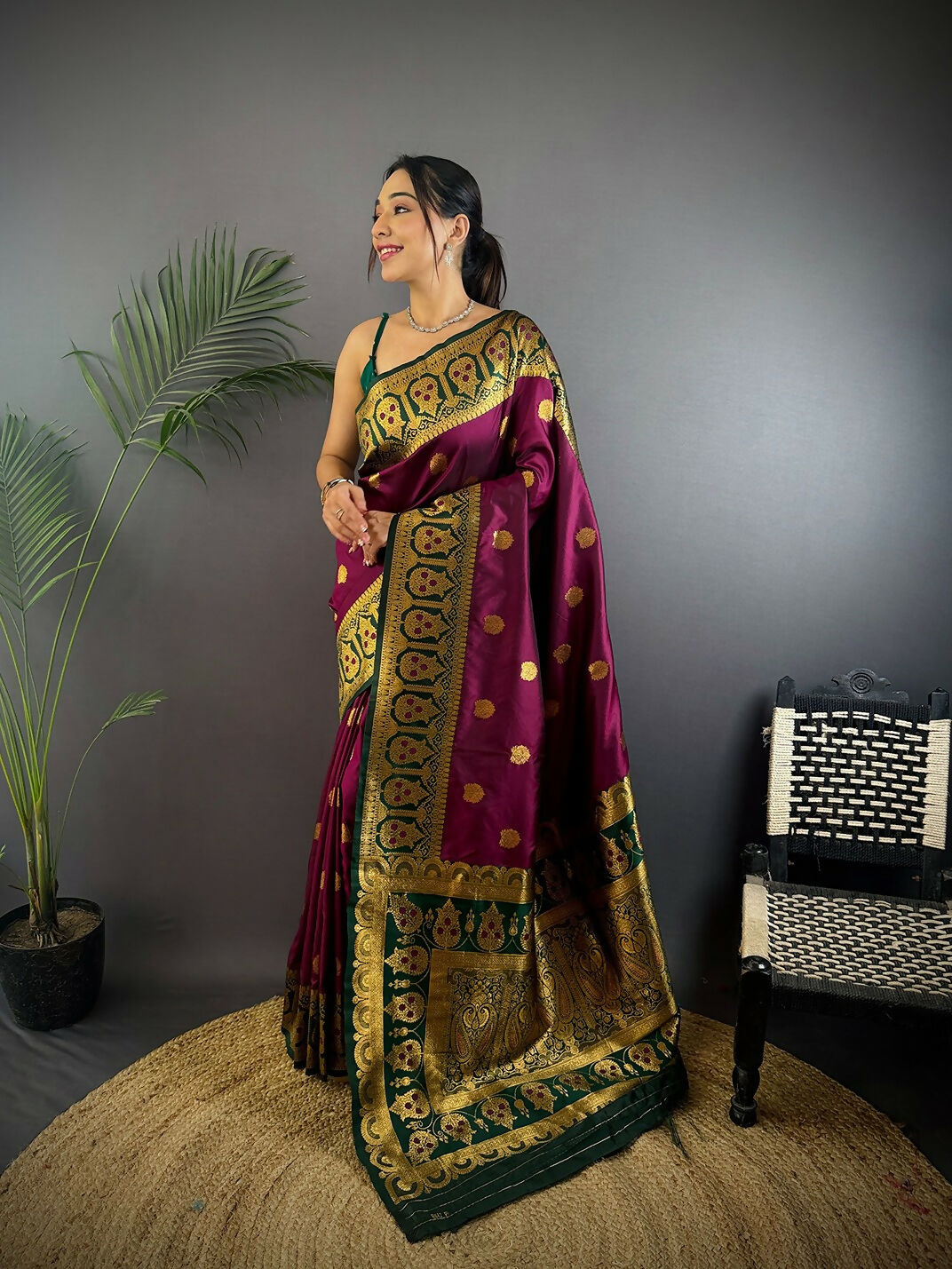 Close-up of Green Banarasi silk saree featuring traditional butti work