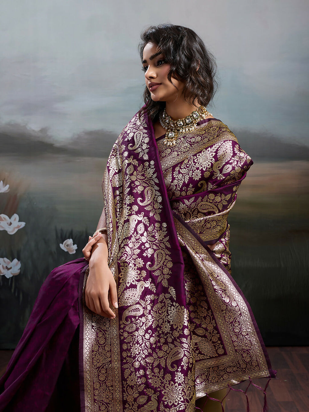 Wine Silk Blend Saree with Coordinating Blouse Piece