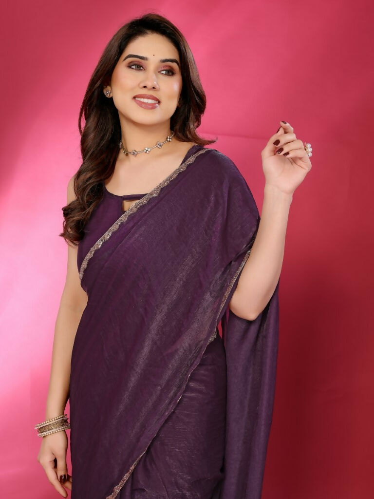 Wine Jimmy Choo Fabric Saree with Work Lace Border