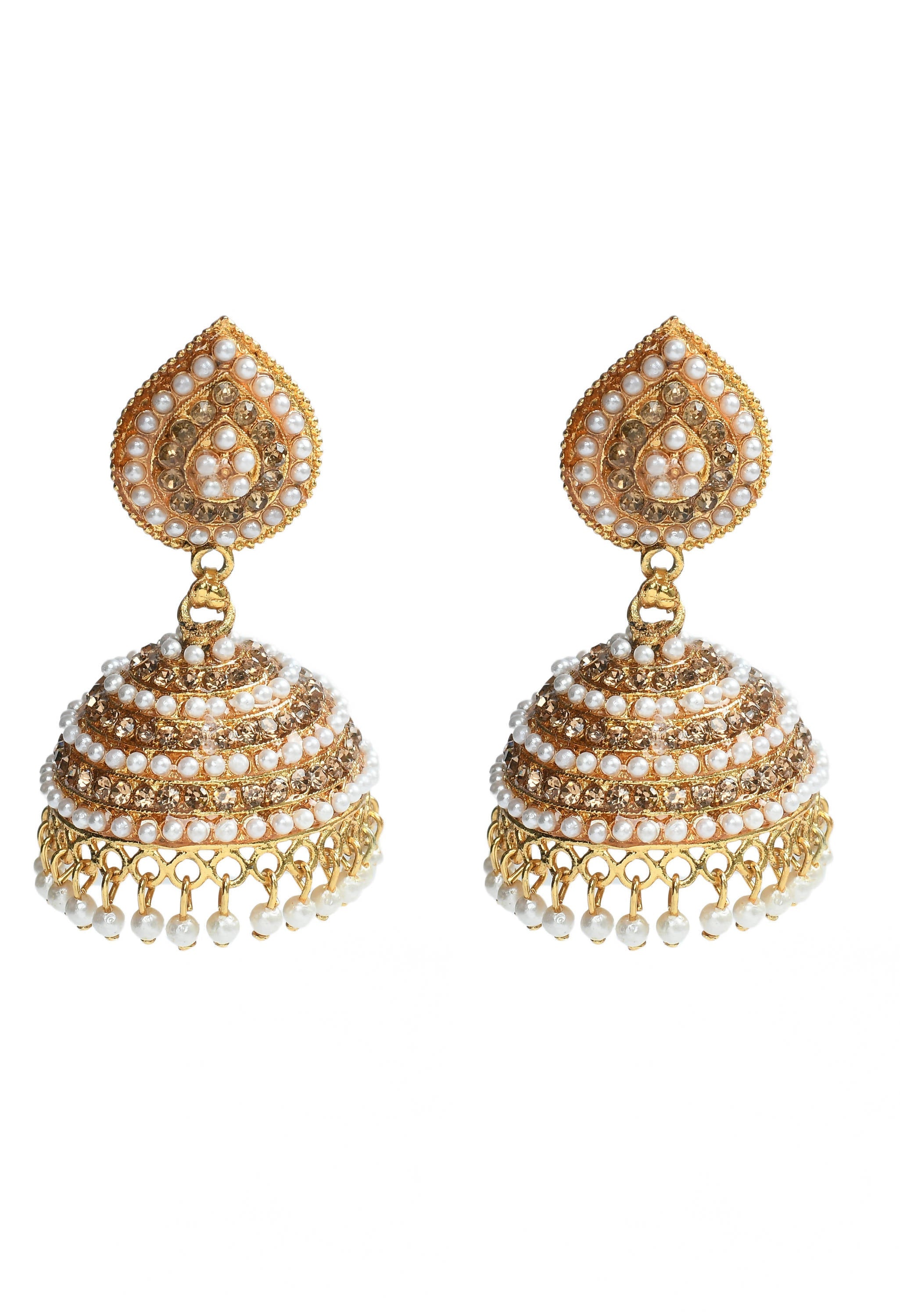 Johar Kamal Leaf Design Jhumka Earrings with Stones and Pearls