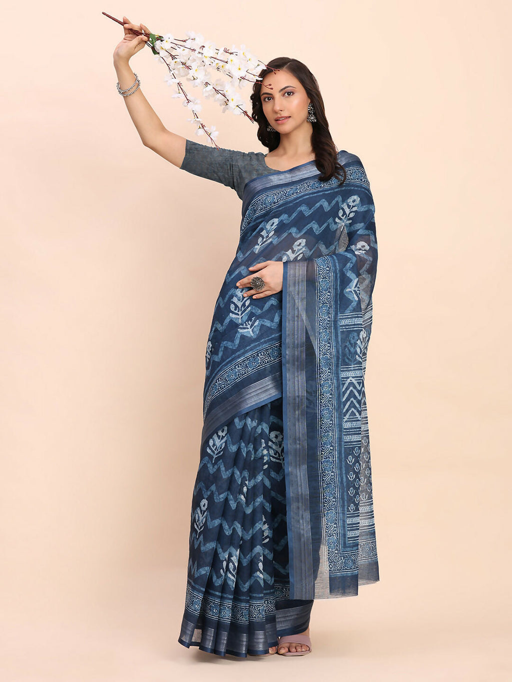 Shree Shyam Fashion Linen Cotton Indigo Blue Saree