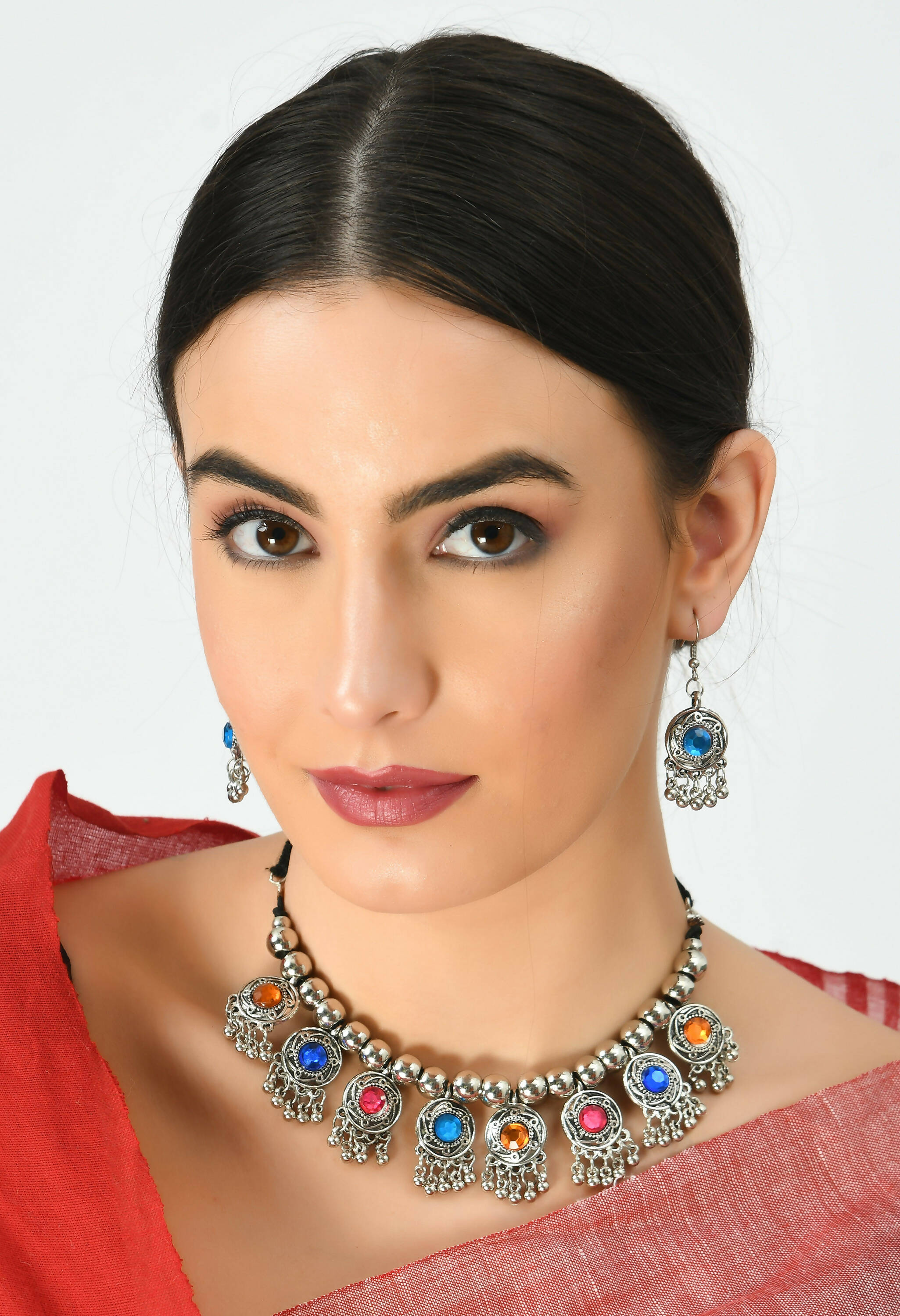 Oxidised Silver-Plated Kundan Choker with Multi-Color Stones