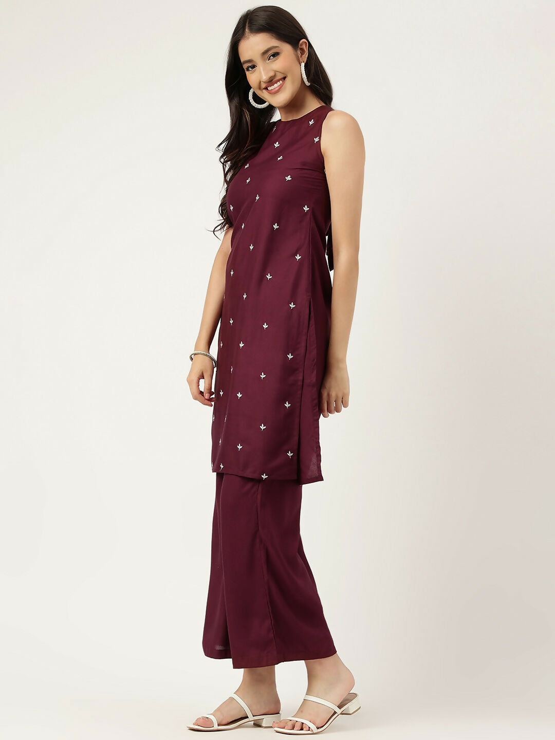 Maroon Rayon Straight Kurta and Bottom Set with Embroidery