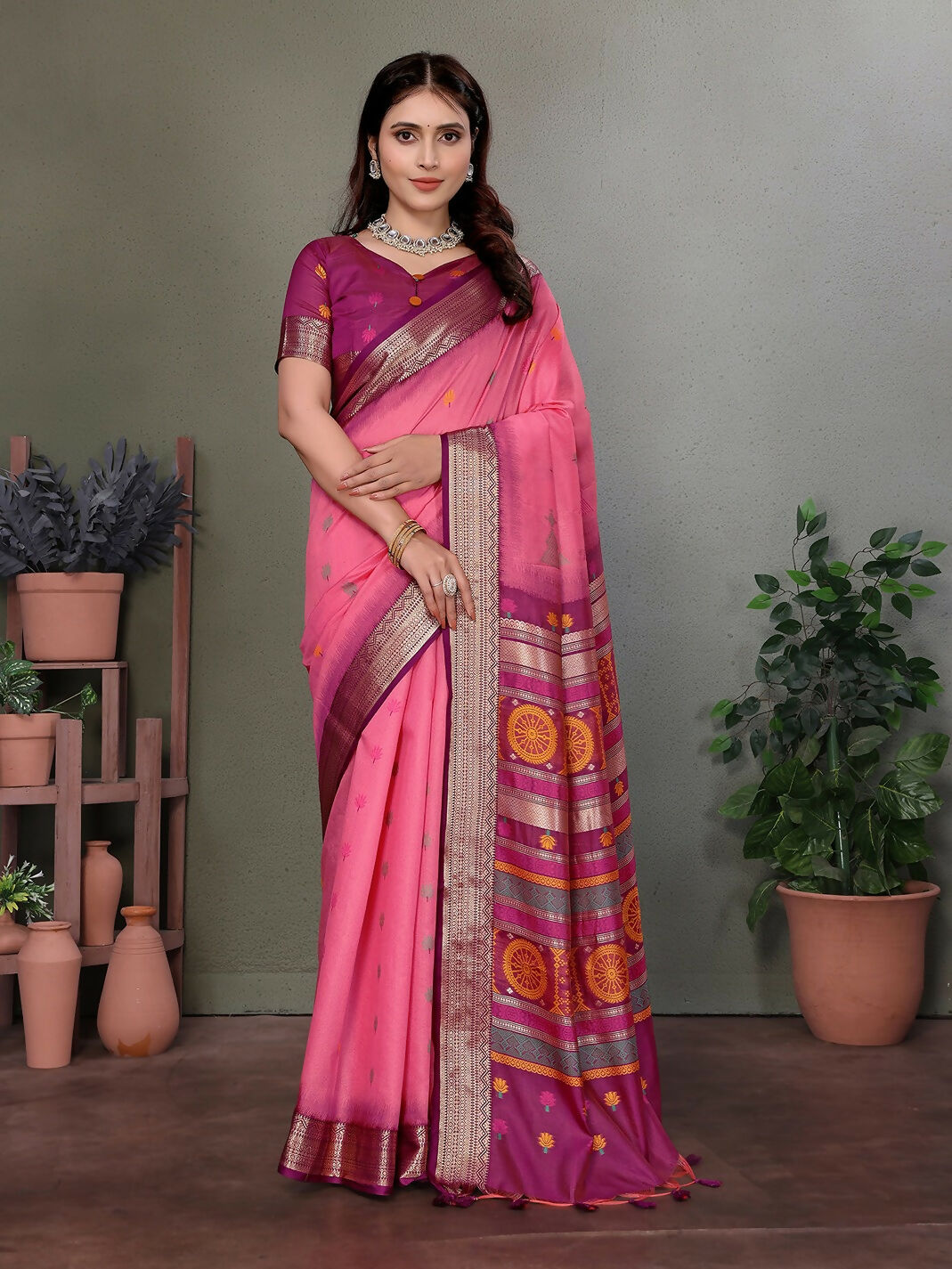Pink Banarasi soft silk saree with floral pattern and unstitched blouse piece