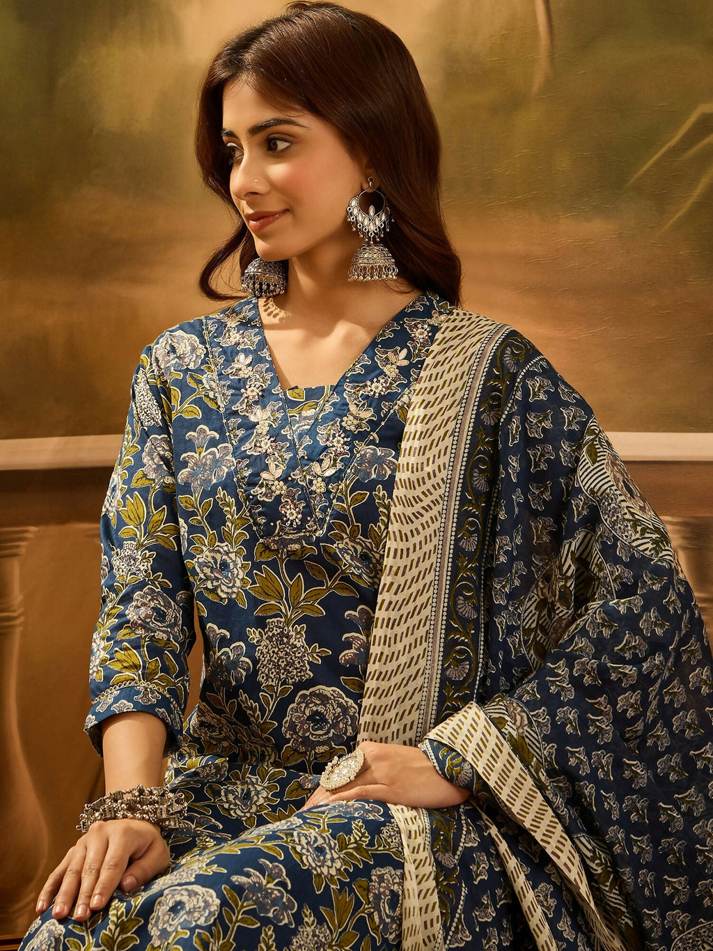 Navy Blue Printed Pure Cotton Kurta Set