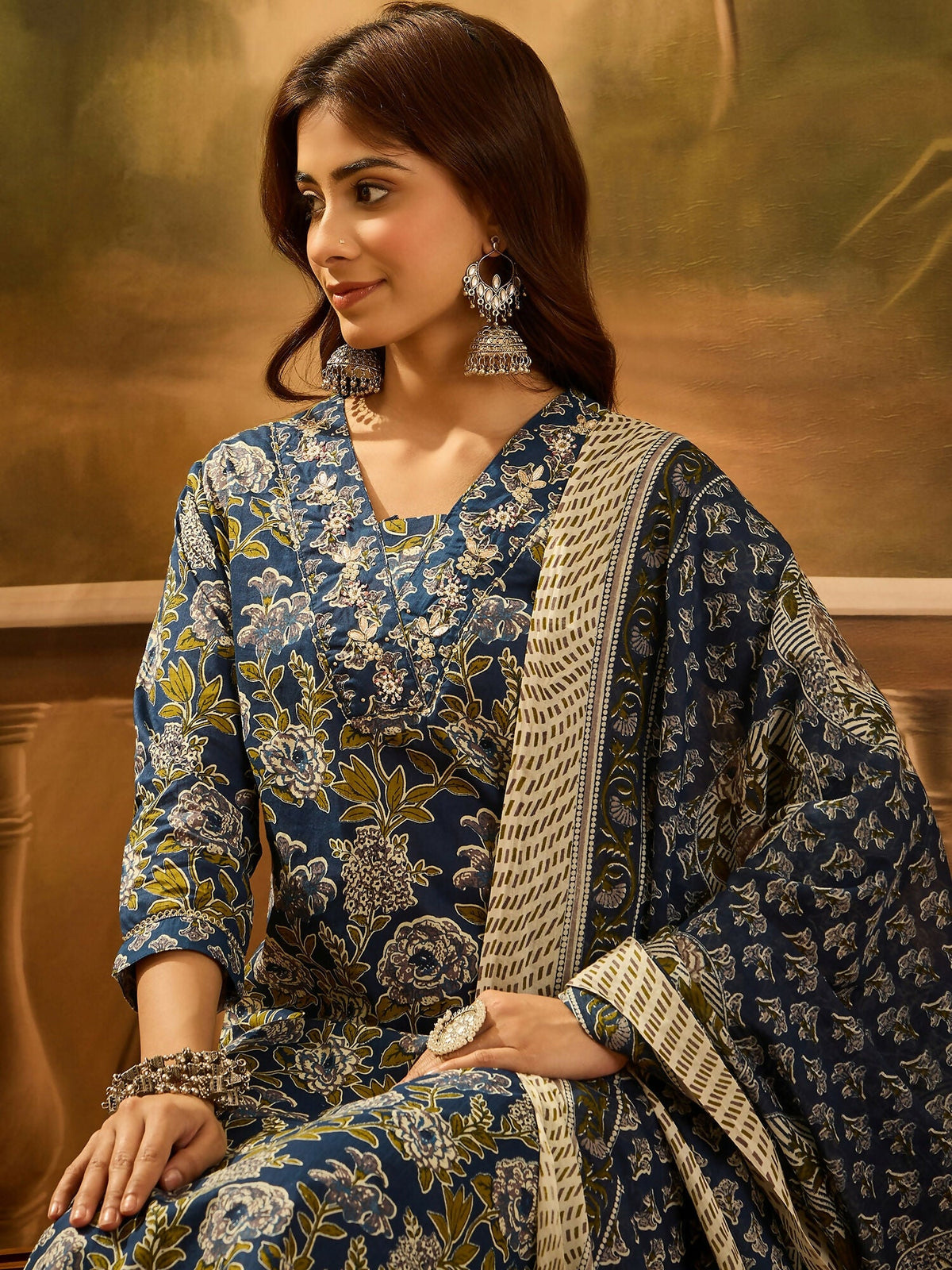 Navy Blue Printed Pure Cotton Kurta Set