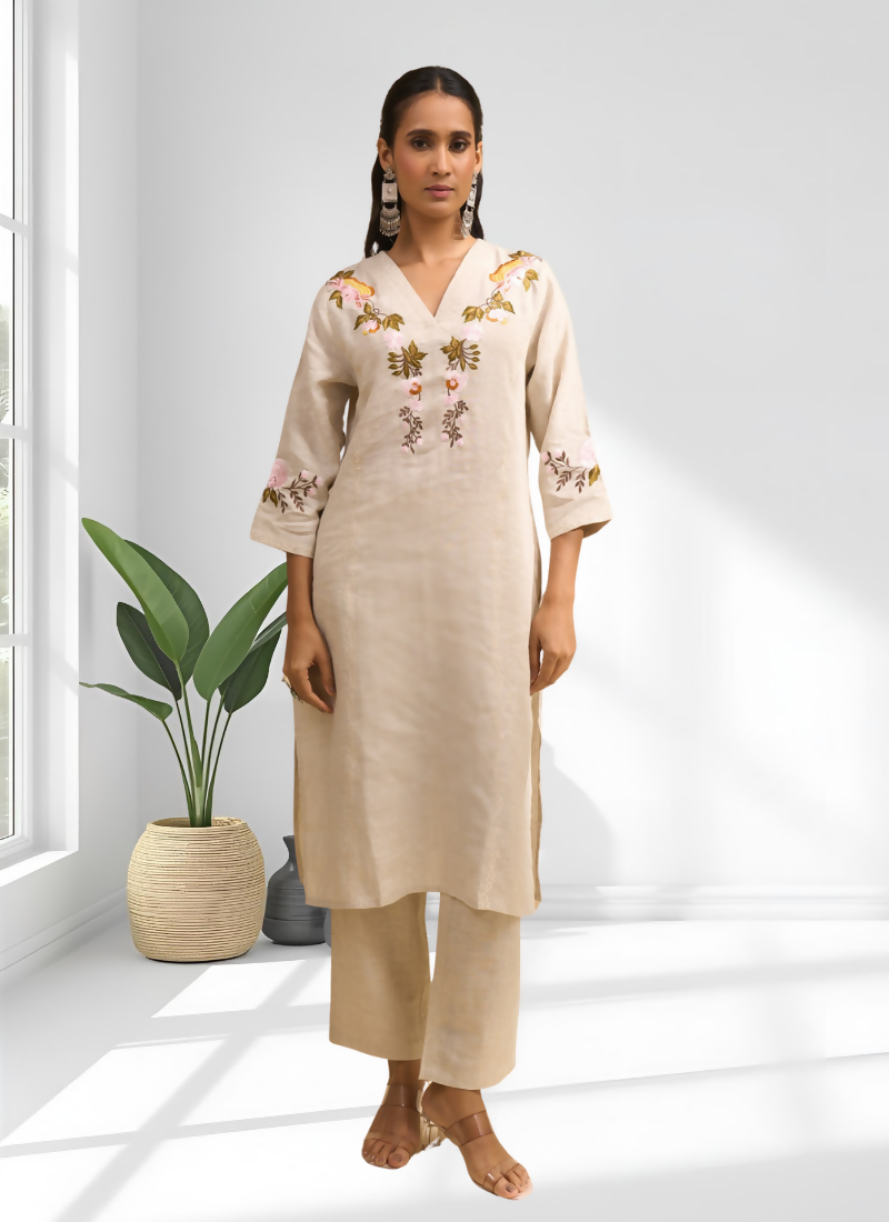 Beige Linen Embroidered Long Kurta With Pant - Festive Ethnic Wear
