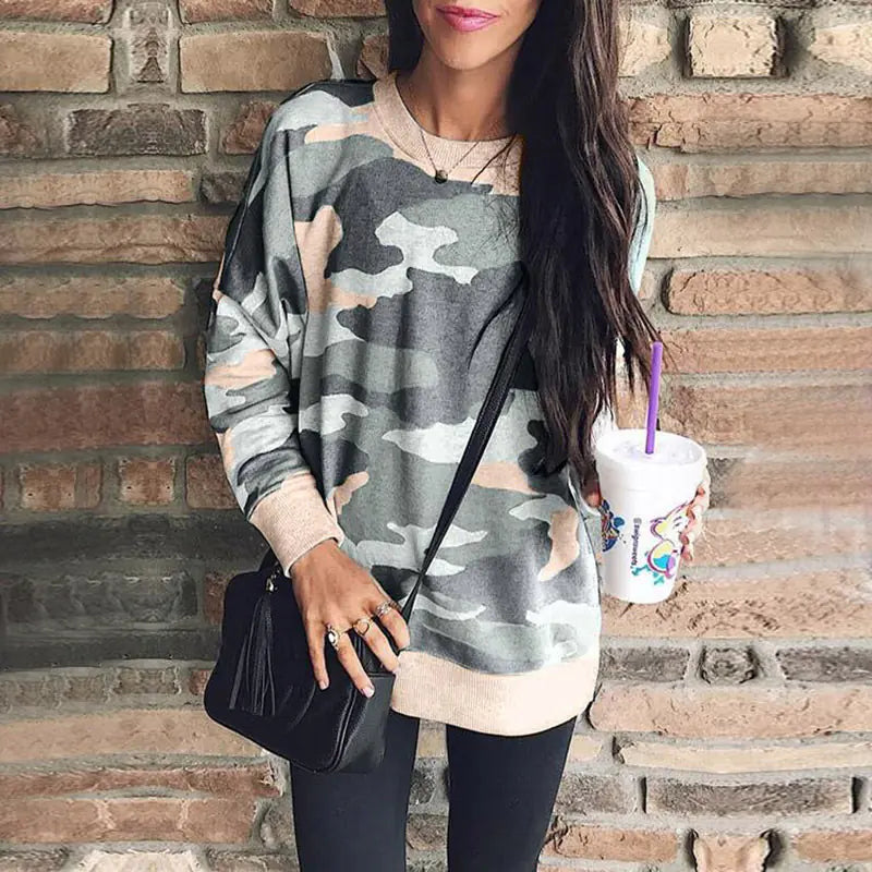 Women's Camouflage Print Round Neck Long Sleeve Pullover Sweatshirt - Image 9