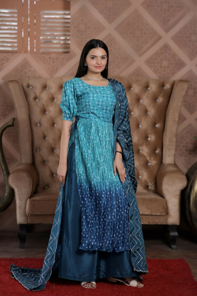 Blue Muslin Floral Print Kurta Set with Crush Pleating & Dupatta