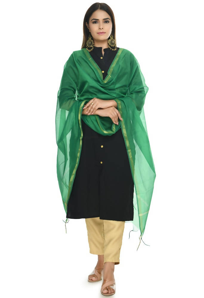 Green Banarsi Chanderi Dupatta with Piping Accent