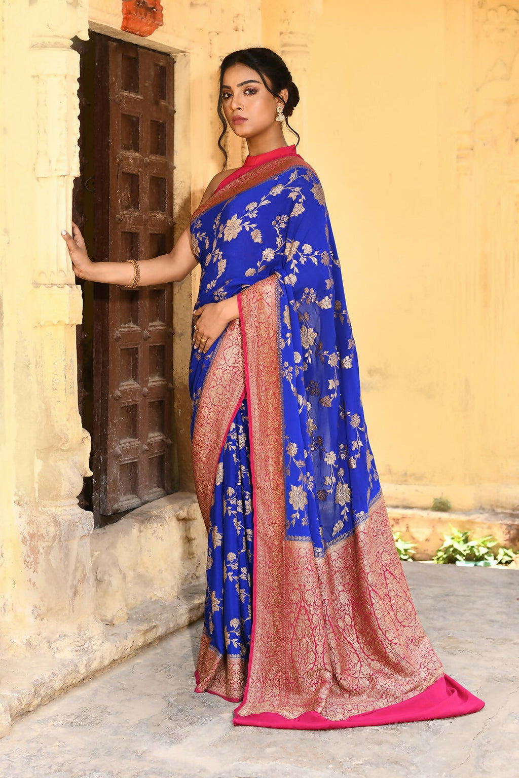 Ink Blue Crepe Chiffon Handloom Banarasi Silk Saree