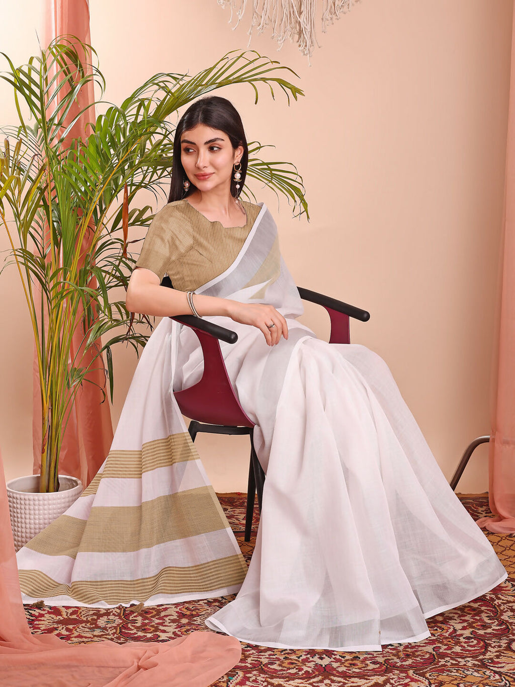 The White Loom White Linen Cotton Saree with Matching Blouse