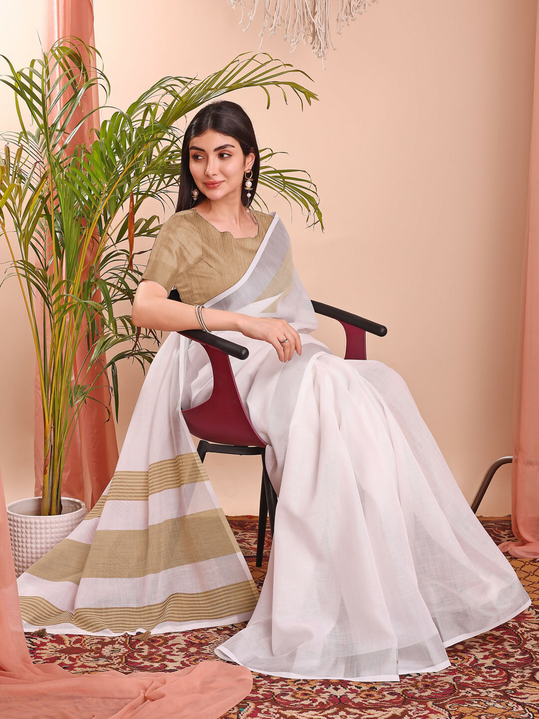 The White Loom White Linen Cotton Saree with Matching Blouse