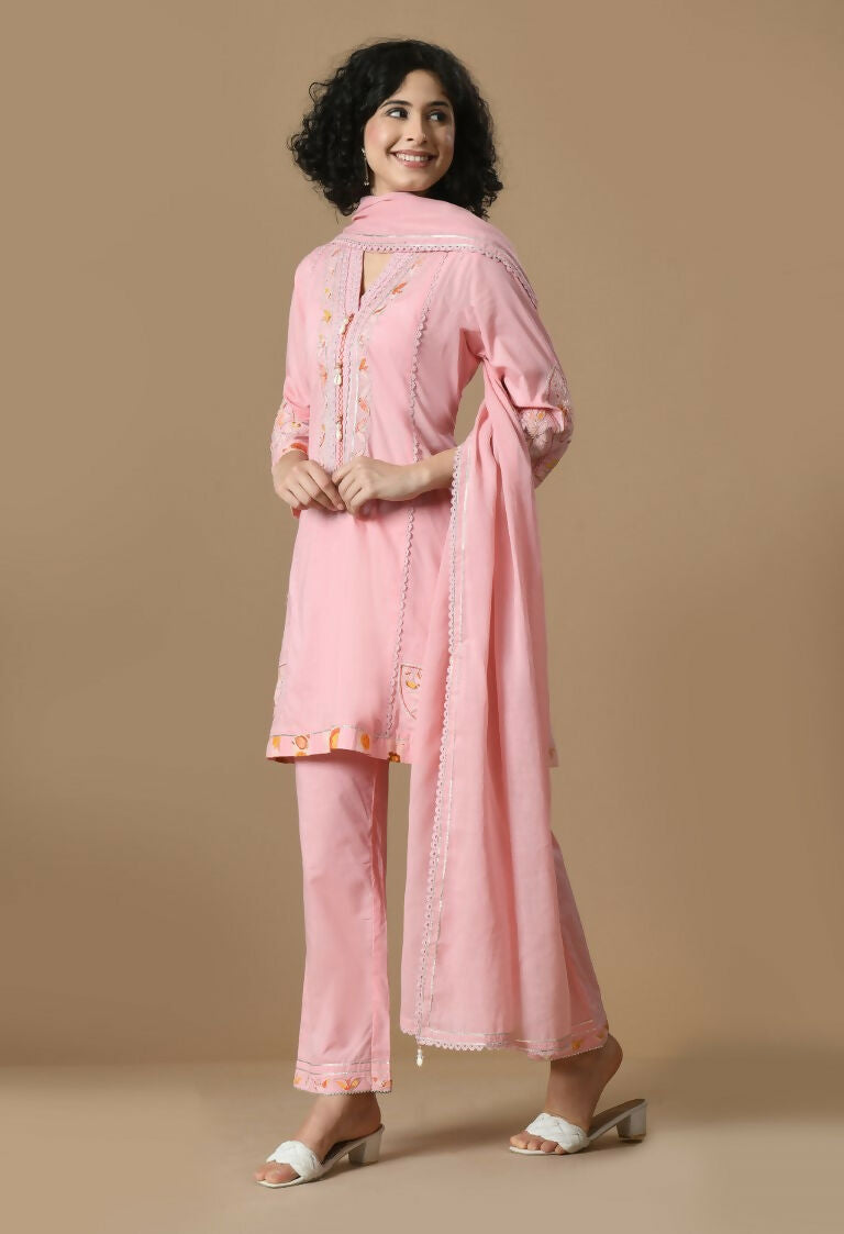 Pink Cotton Kurta Set with Organza Dupatta - 3 Piece Ethnic Set