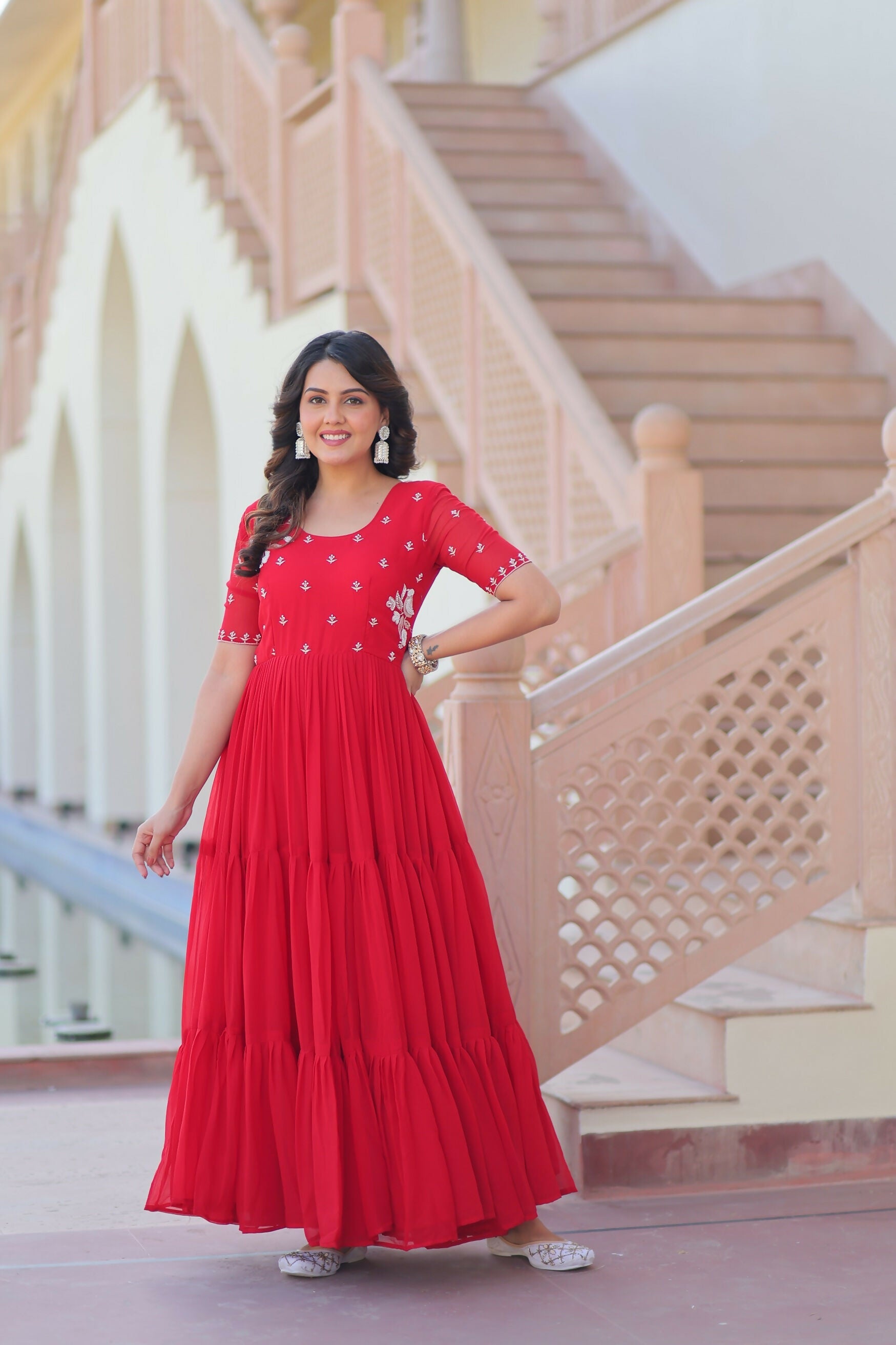 Red Georgette Gown with Sequence Embroidery Work