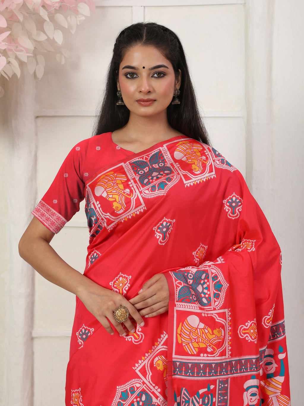 Red Silk Blend Saree with Matching Blouse Piece