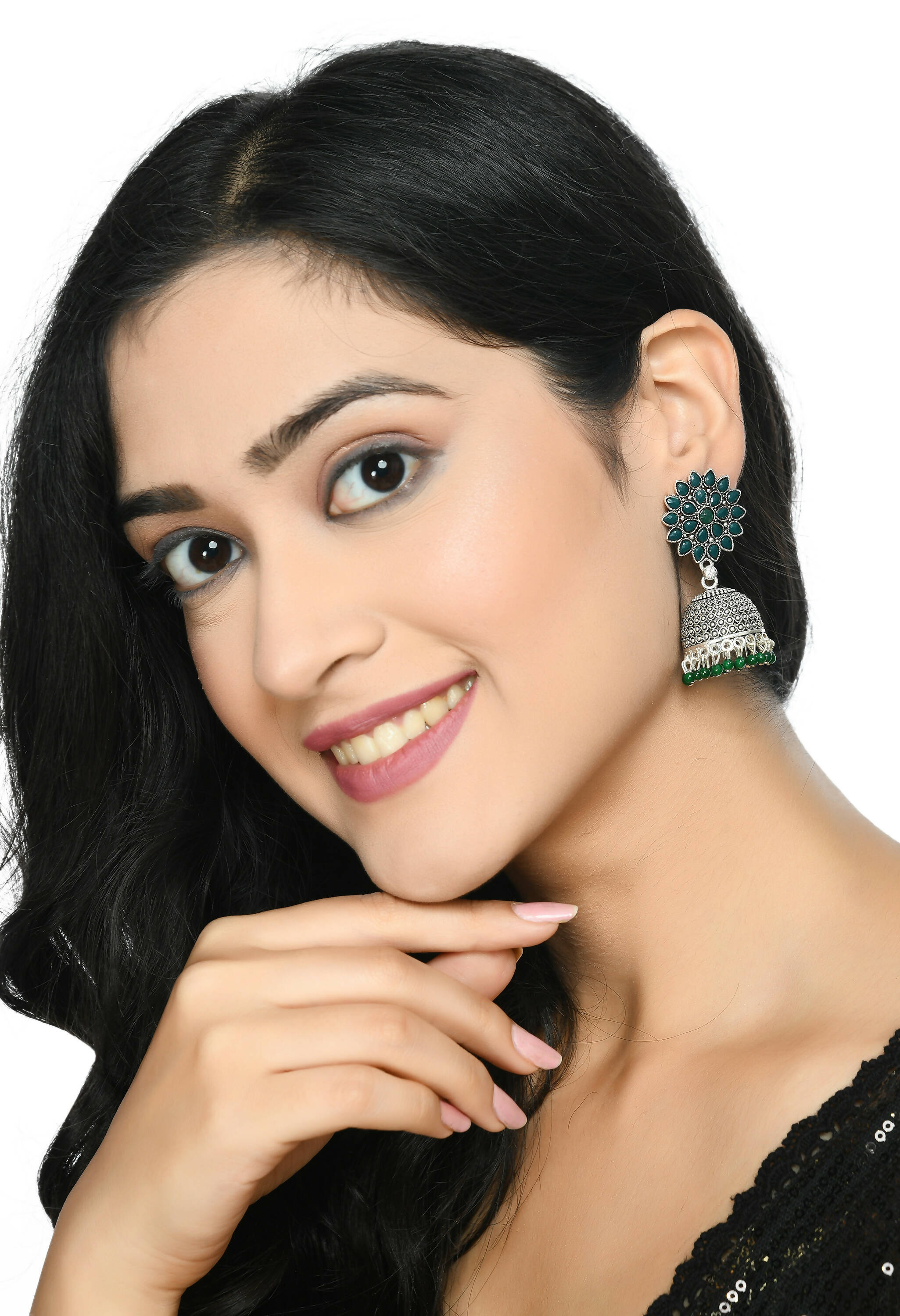 Joharkamal Kundan Jhumka Earrings with Green Beads, Silver-Plated