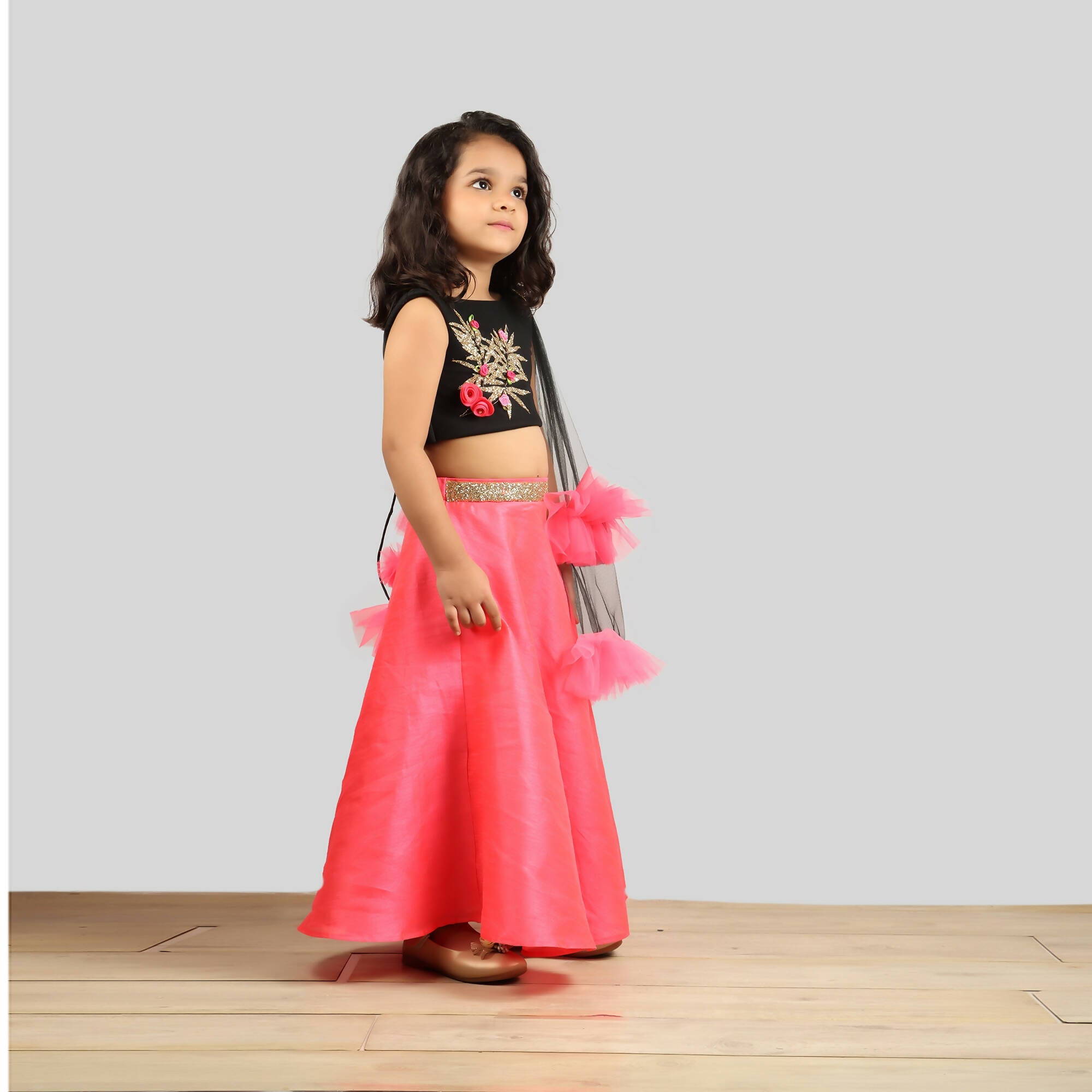 Black and Pink Ghagra Choli Set with Frill Net Dupatta