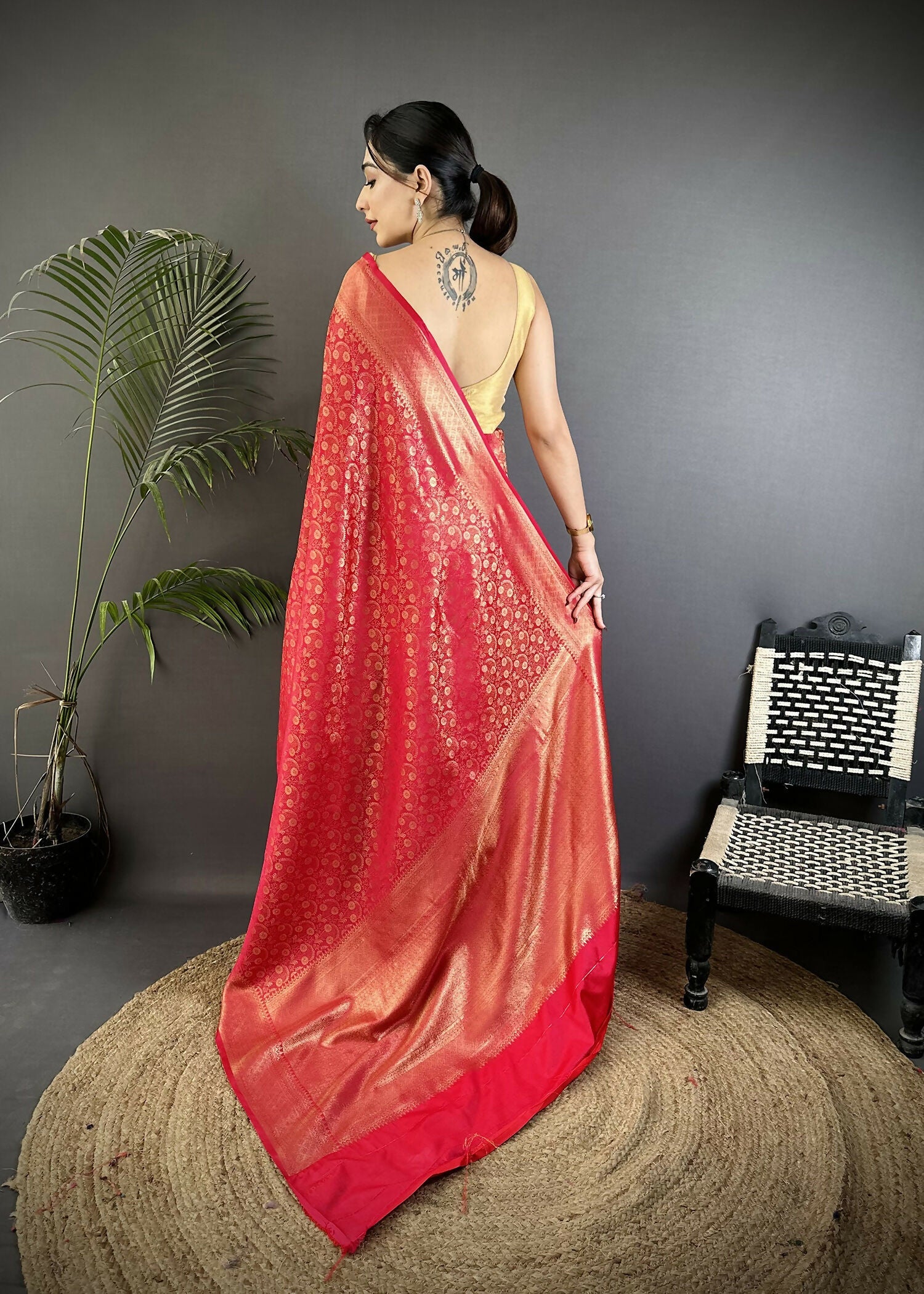 Red Floral and Paisley Motif Soft Satin Silk Banarasi Saree