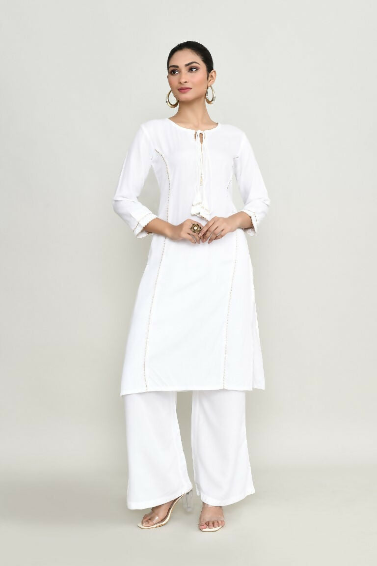 Women's White Rayon Kurta Set with Embroidery and Palazzo Pants