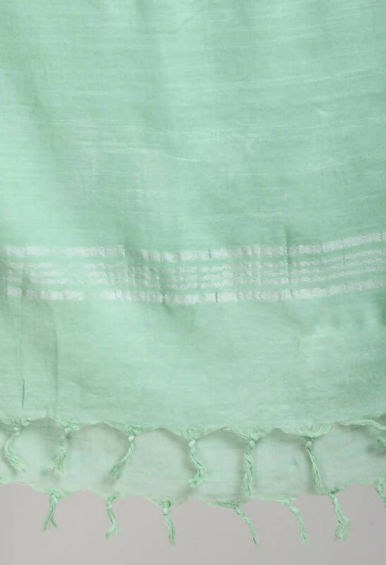 Pista Green Linen Cotton Dupatta with Elegant Silver Border