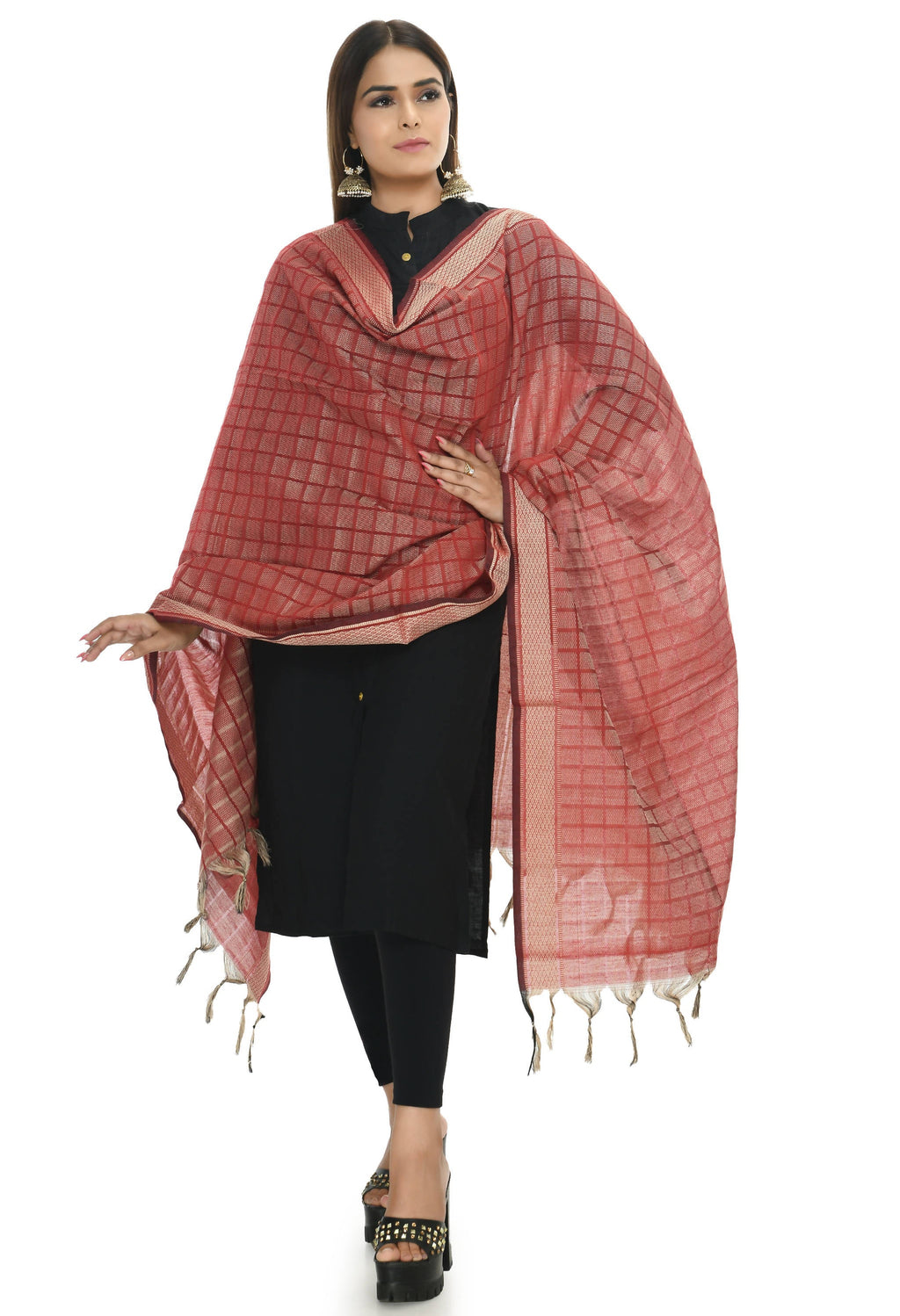 Maroon handloom cotton dupatta for women with elegant drape