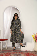 A straight-cut black Chanderi silk kurti with floral print and side pockets