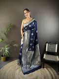 Navy Blue Soft Silk Banarasi Saree with floral motifs and matching blouse