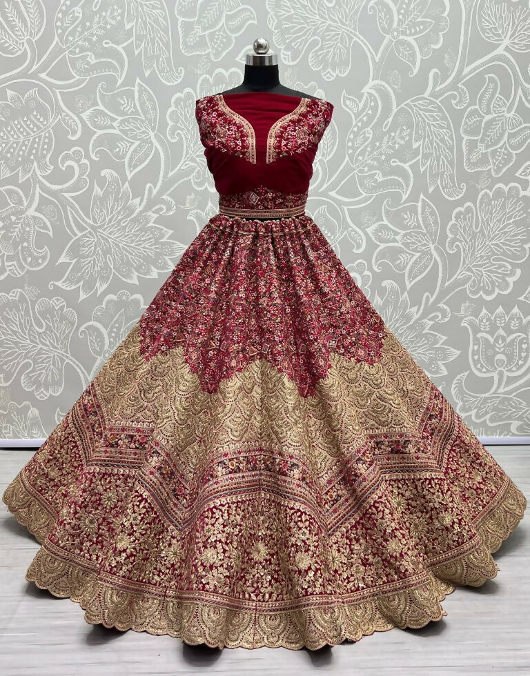 Rani Pink Velvet Wedding Lehenga Choli with Diamond Work