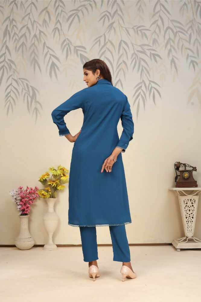 Women's Blue Rinkal Cotton Straight Kurti with Side Pockets