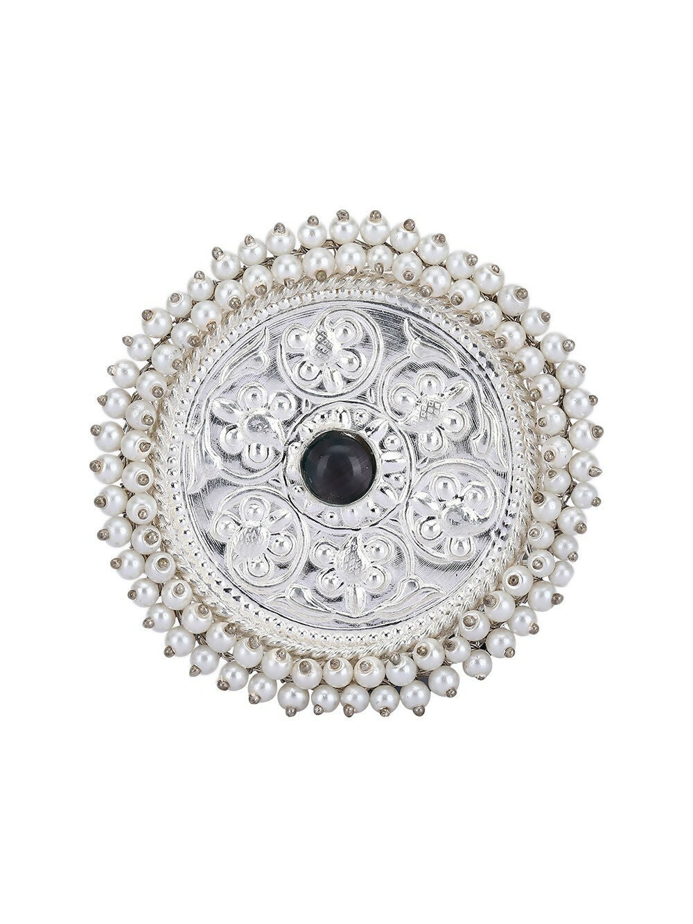 Women's Round Statement Ring in Silver Tone with Intricate Patterns
