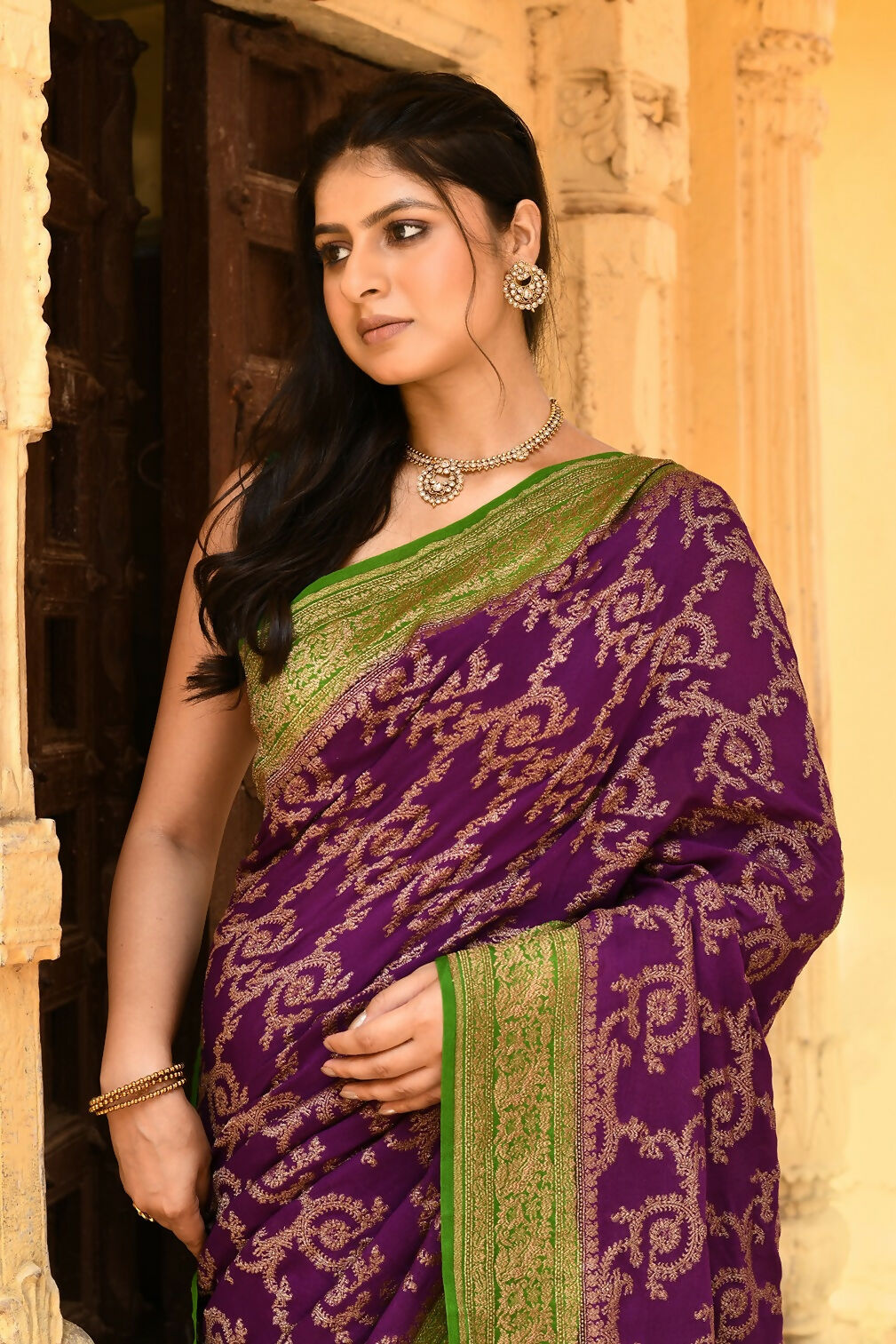 Purple Crepe Chiffon Pure Handloom Banarasi Silk Saree