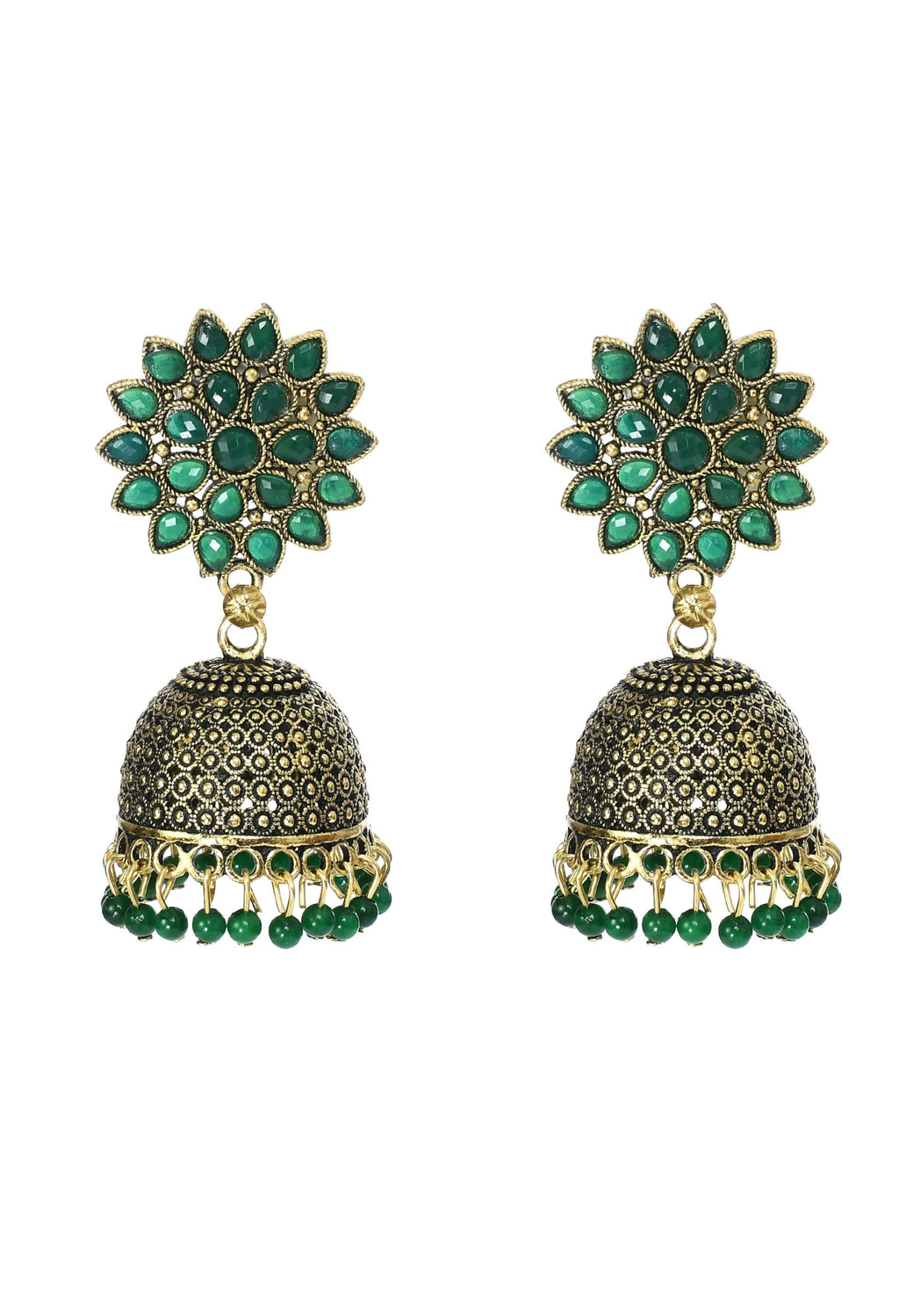 Beautiful Kundan work Jhumka earrings with green beads for girls and women
