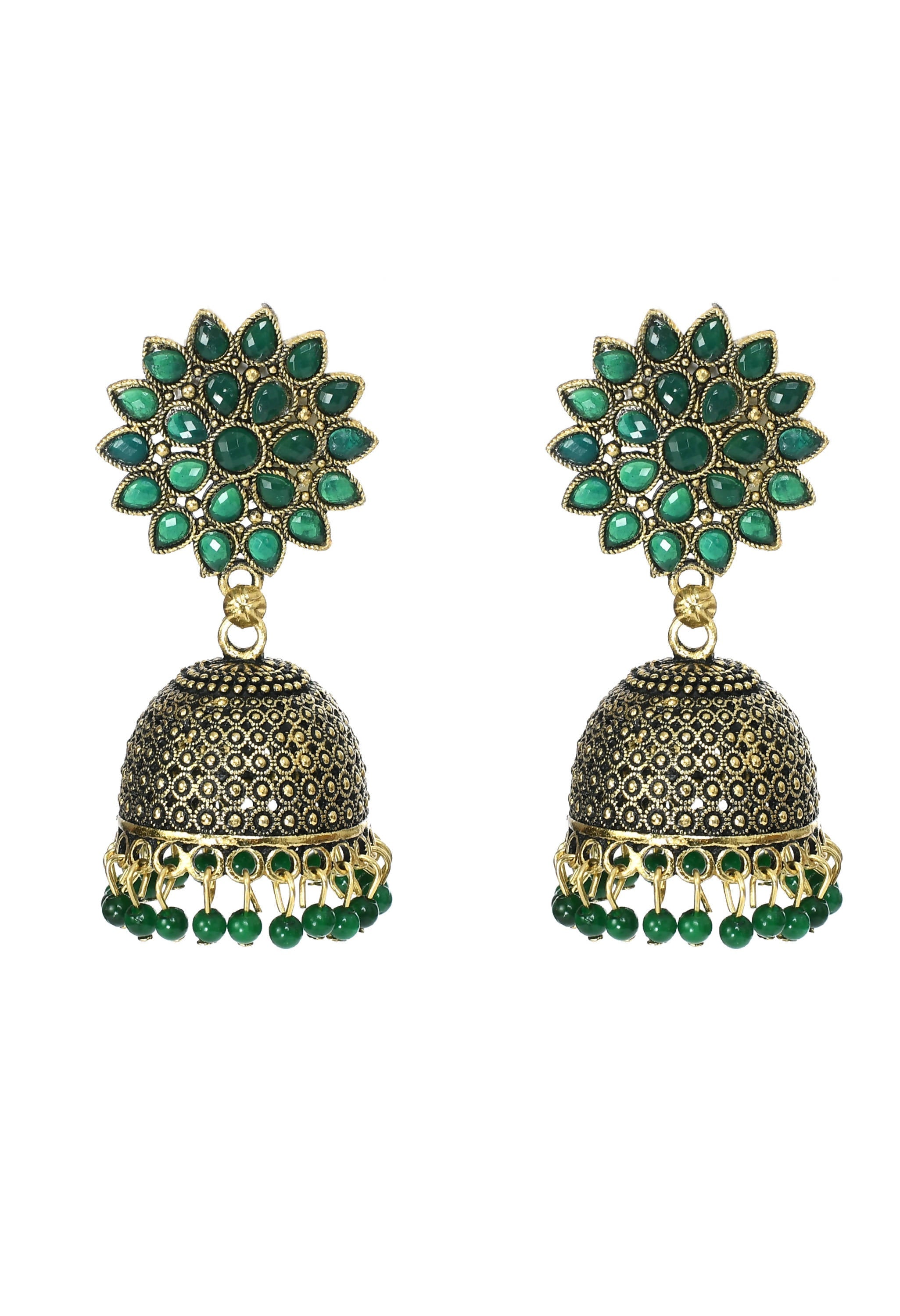 Beautiful Kundan work Jhumka earrings with green beads for girls and women