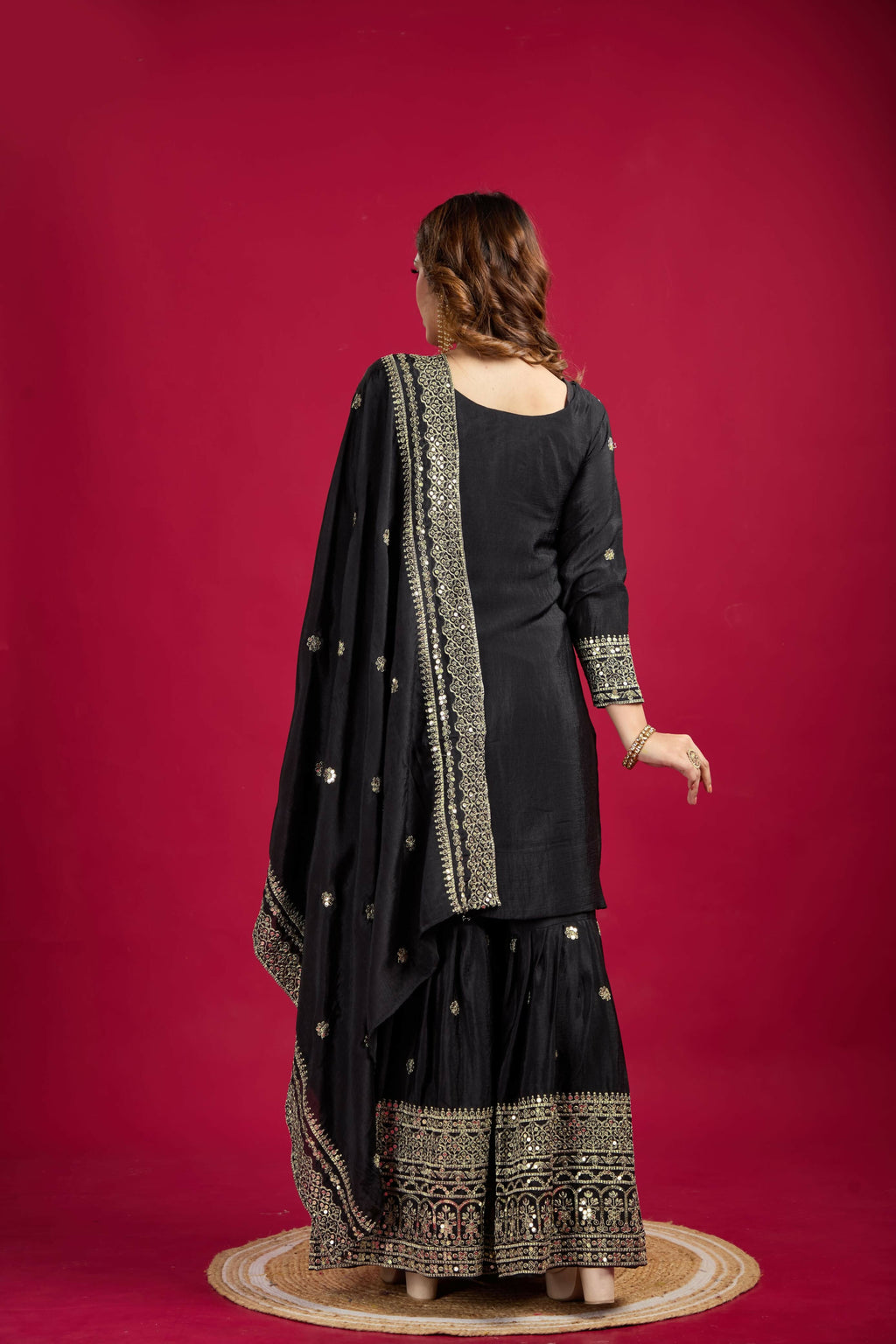 Black Silk Kurta Set with Elaborate Sequins and Zari Embroidery